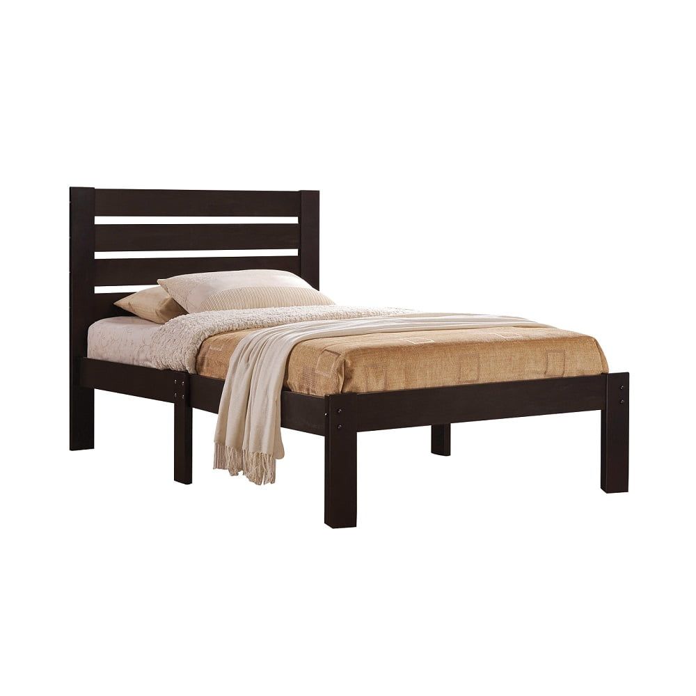 Rustic Espresso Twin Platform Bed with Slatted Wood Headboard