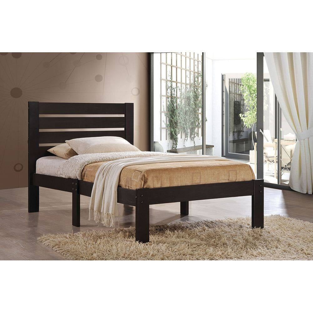 Rustic Espresso Twin Platform Bed with Slatted Wood Headboard