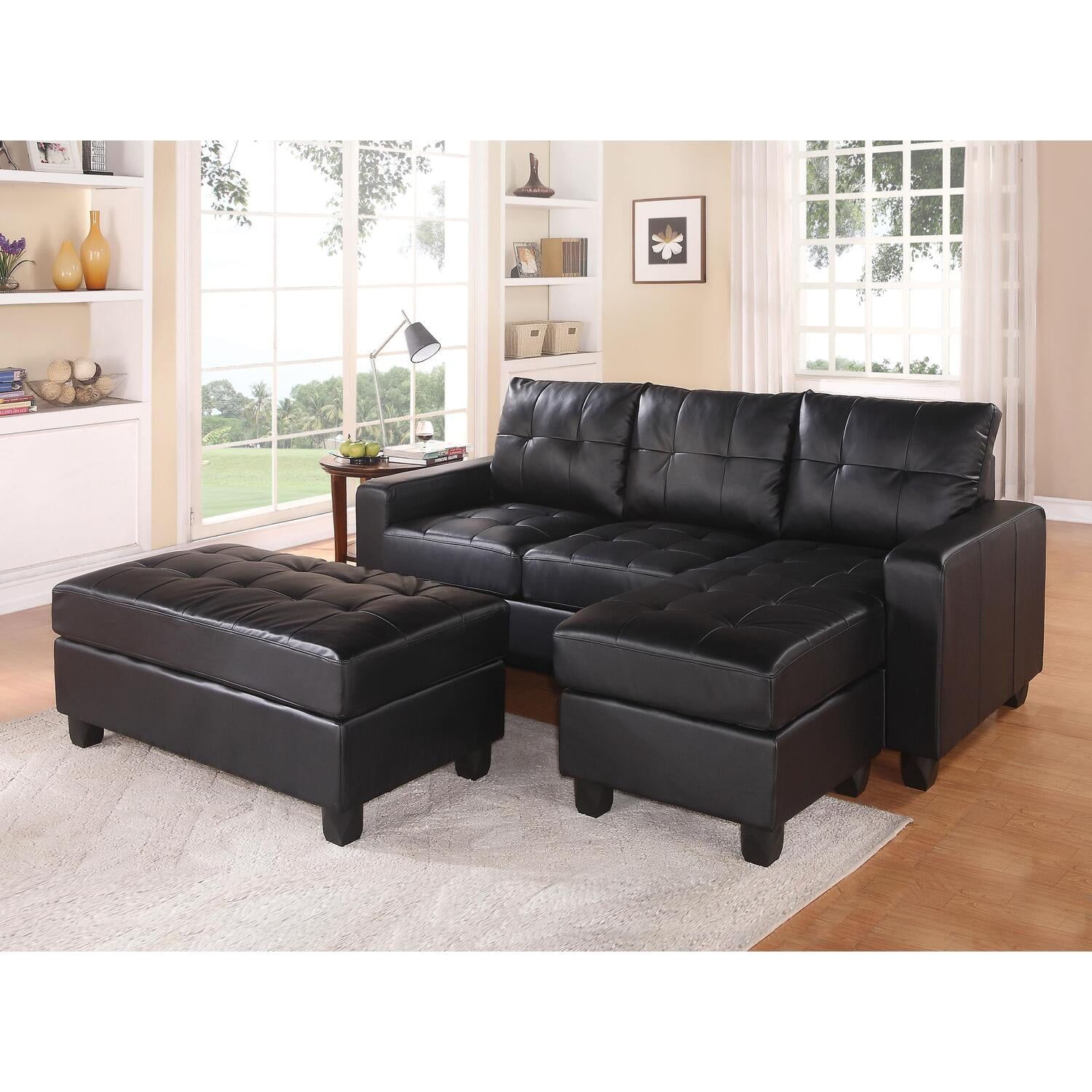 Black Tufted Faux Leather Three Piece Sectional with Ottoman