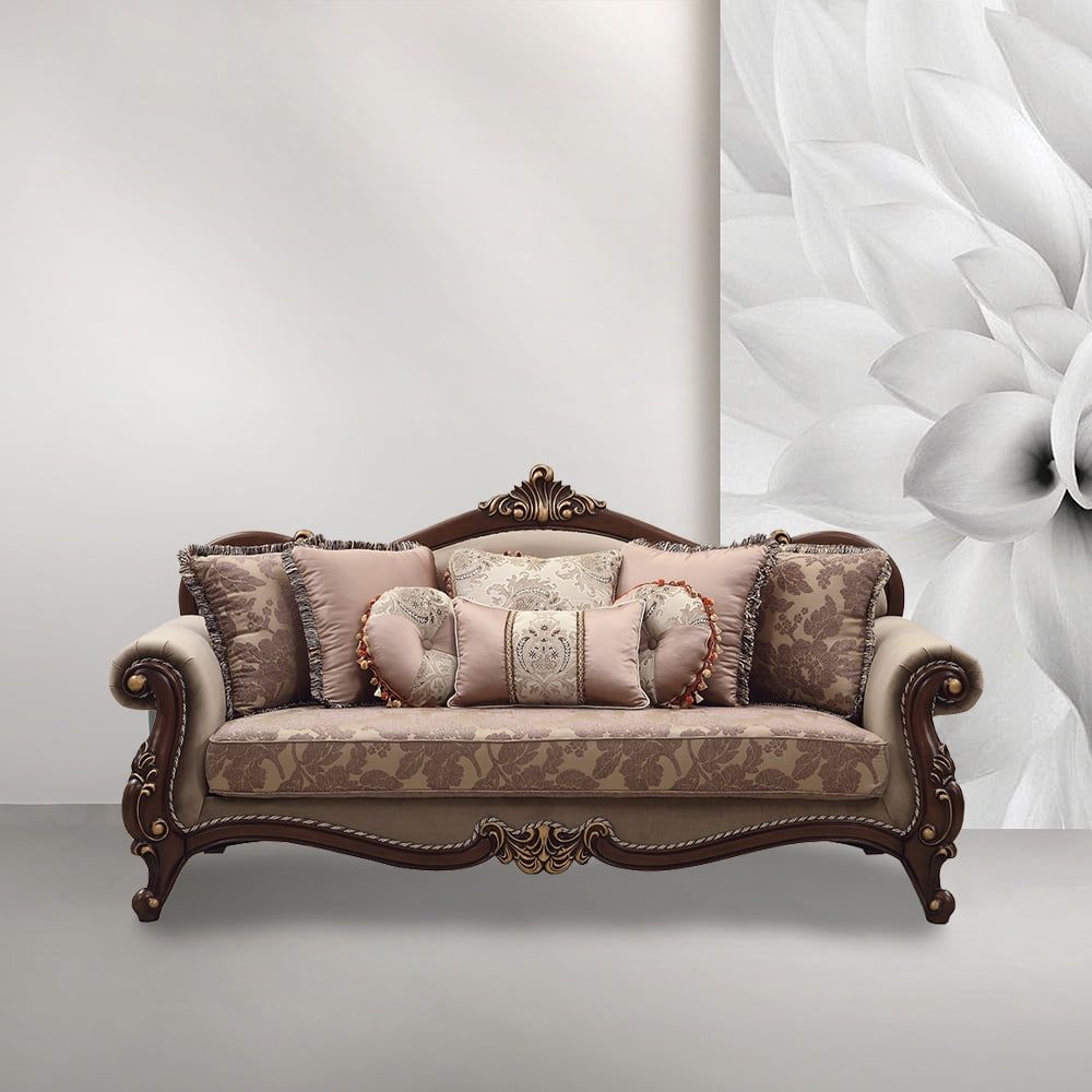 Elegant Walnut Velvet Rolled Arm Sofa with 8 Pillows