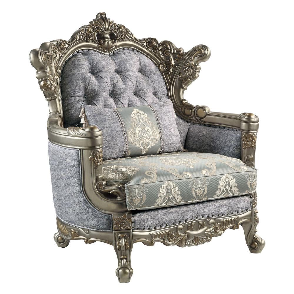 Gray and Antique Bronze Tufted Wood Armchair with Pillow