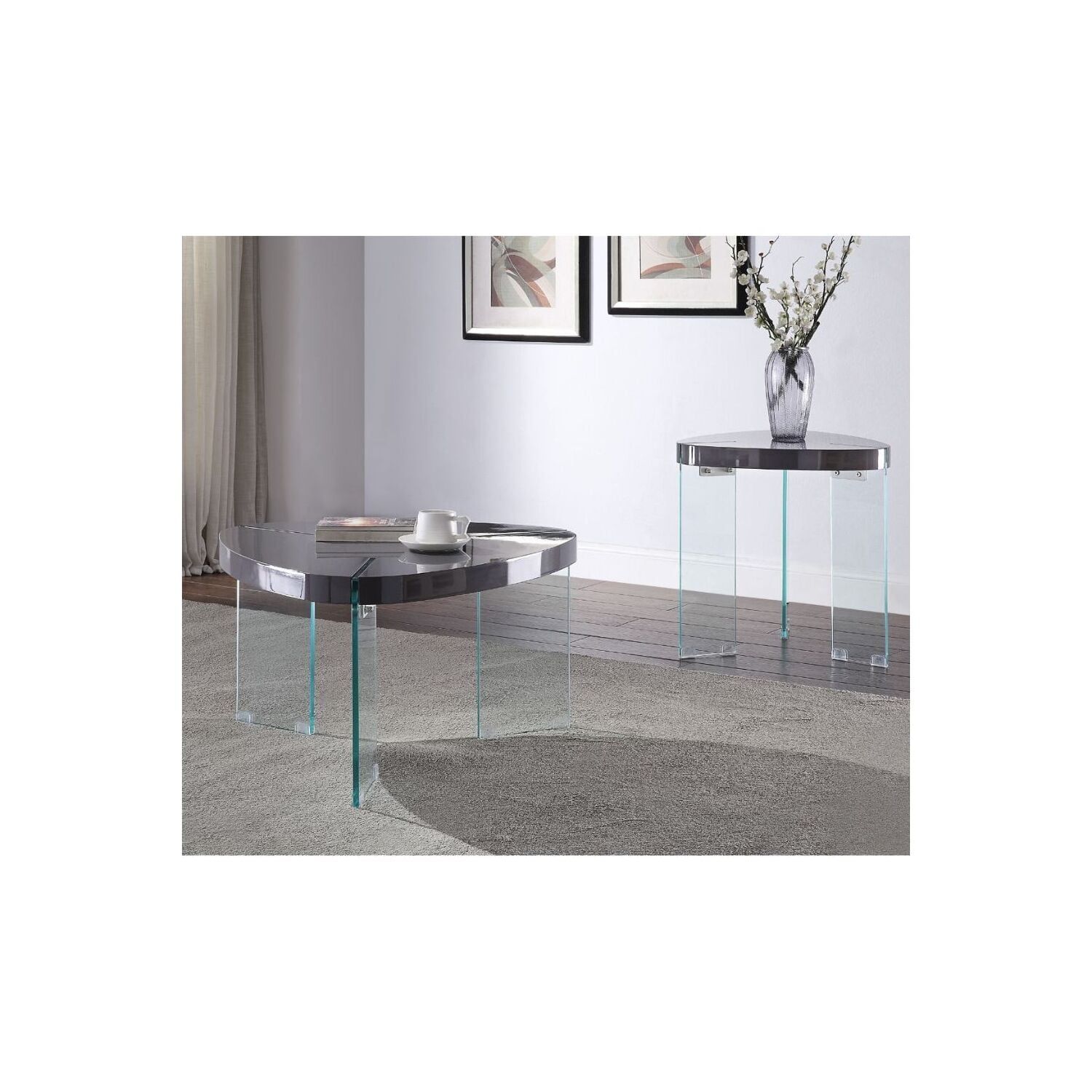 Triangular Gray High Gloss Wood & Clear Glass Coffee Table with Storage