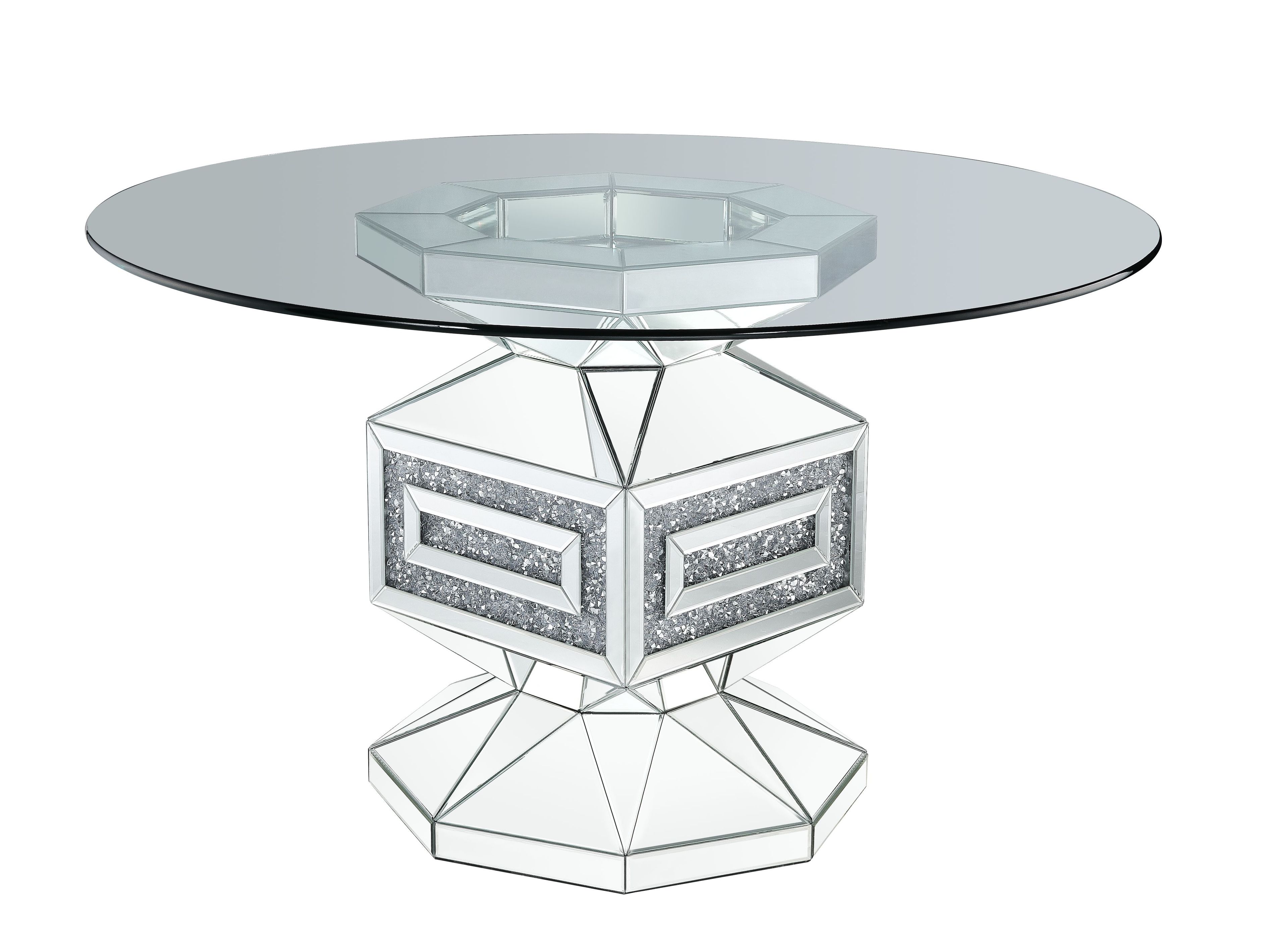 Round Clear Glass Dining Table with Mirrored Pedestal and Faux Diamonds