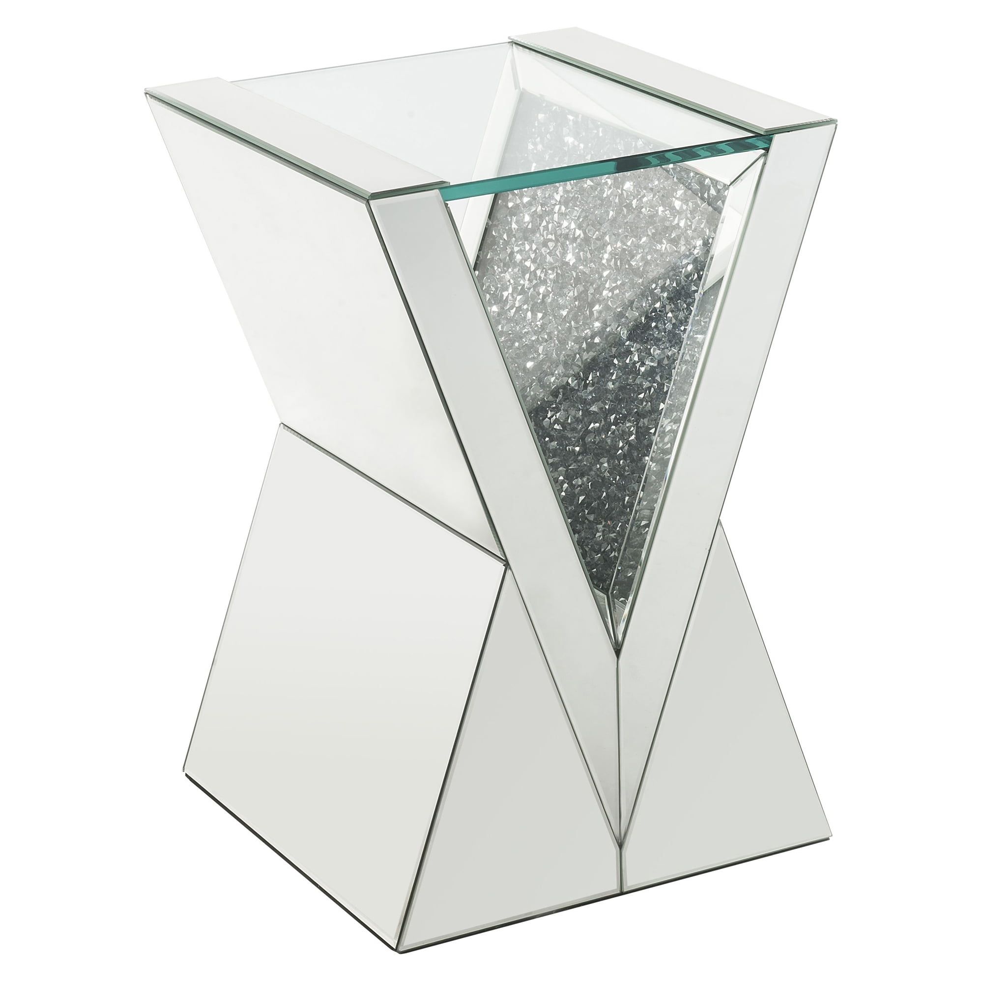 Glam V-Shaped Mirrored Glass Pedestal End Table