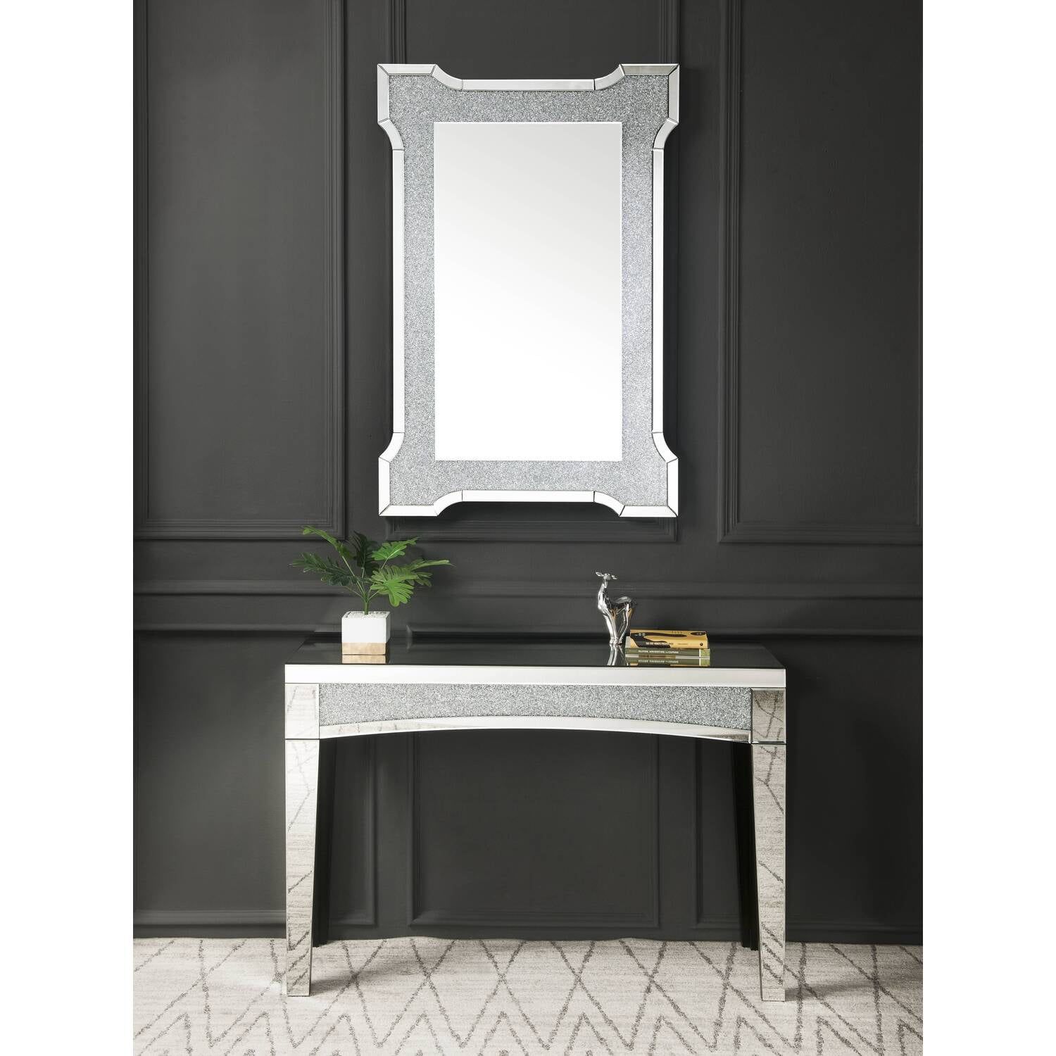 Glamorous Rectangular Wall Mirror with Beveled Mirrored Trim and Faux Diamonds