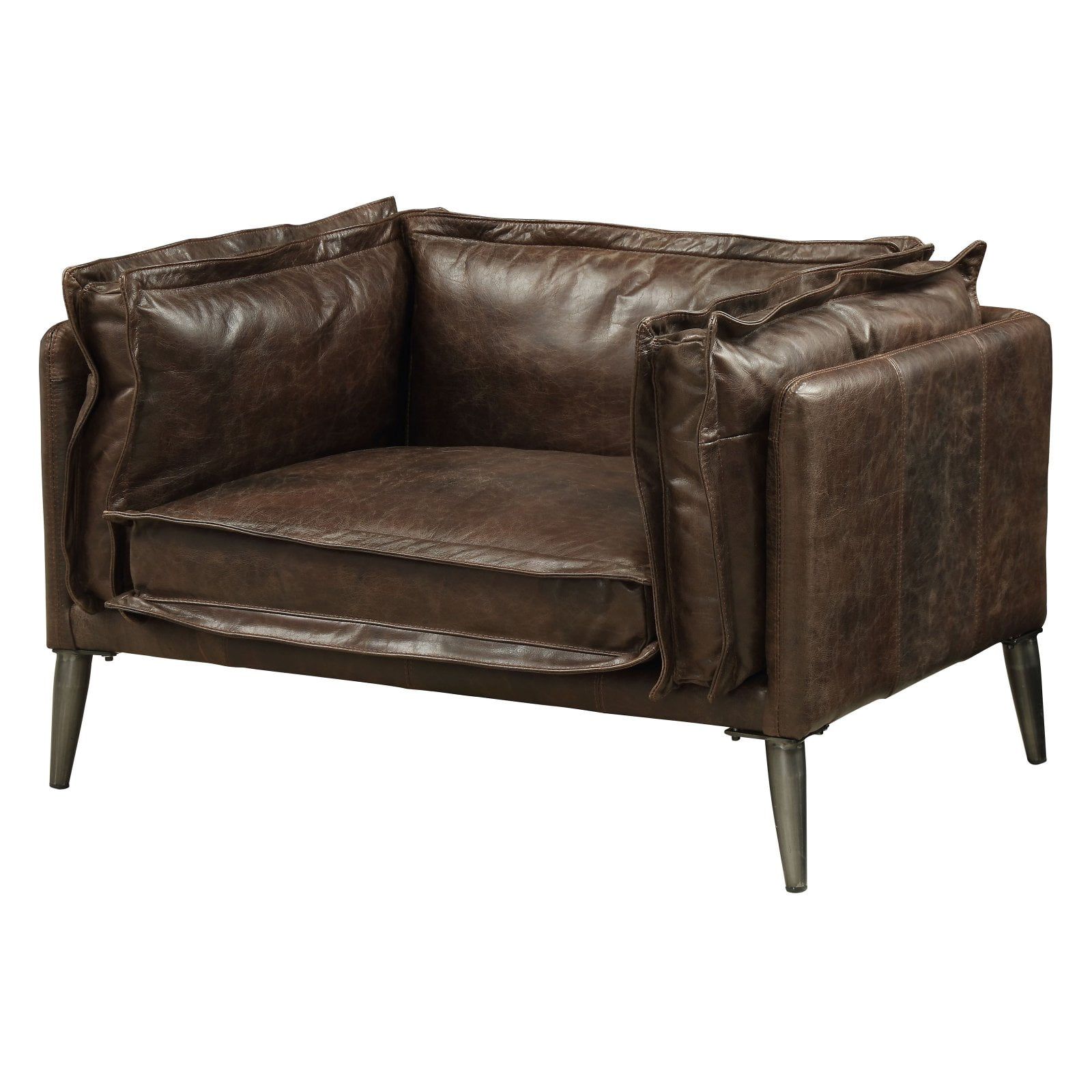 Distressed Brown Leather and Wood Accent Chair