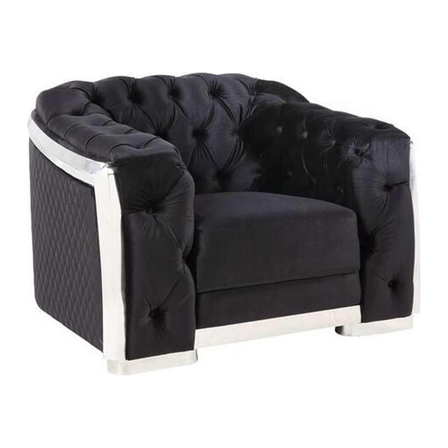 Black Velvet and Chrome Tufted Accent Chair