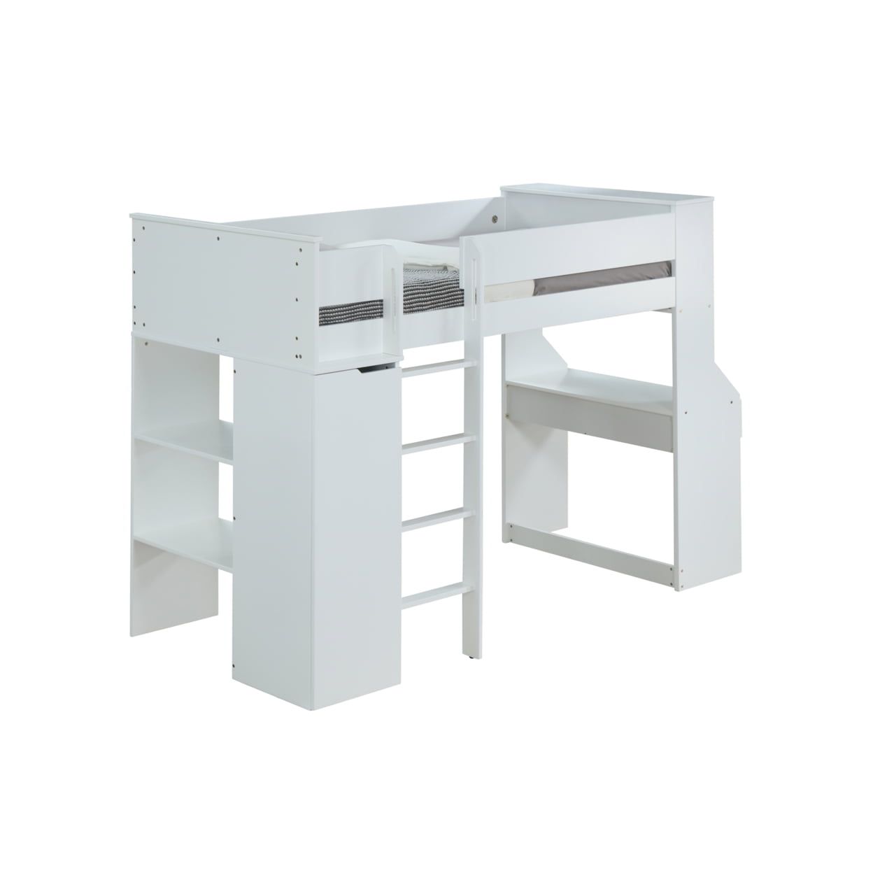 White Twin Loft Bed with Desk and Storage