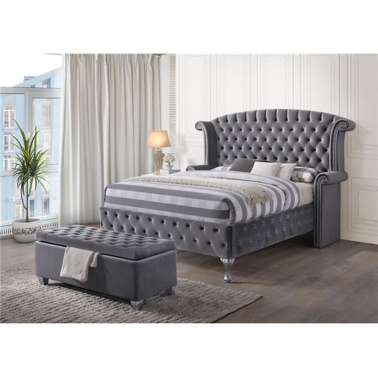 Elegant Gray Queen Upholstered Platform Bed with Storage and Nailhead Trim