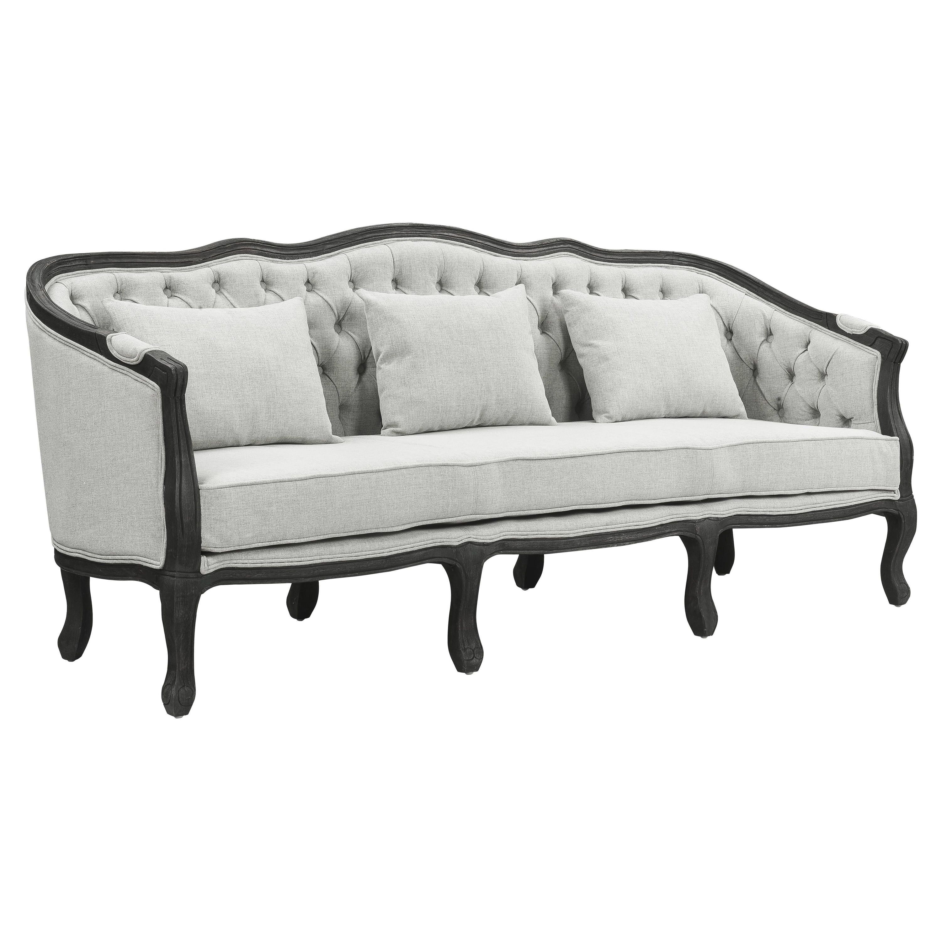 Gray Linen Camelback Sofa with Dark Wood Frame and Tufted Back