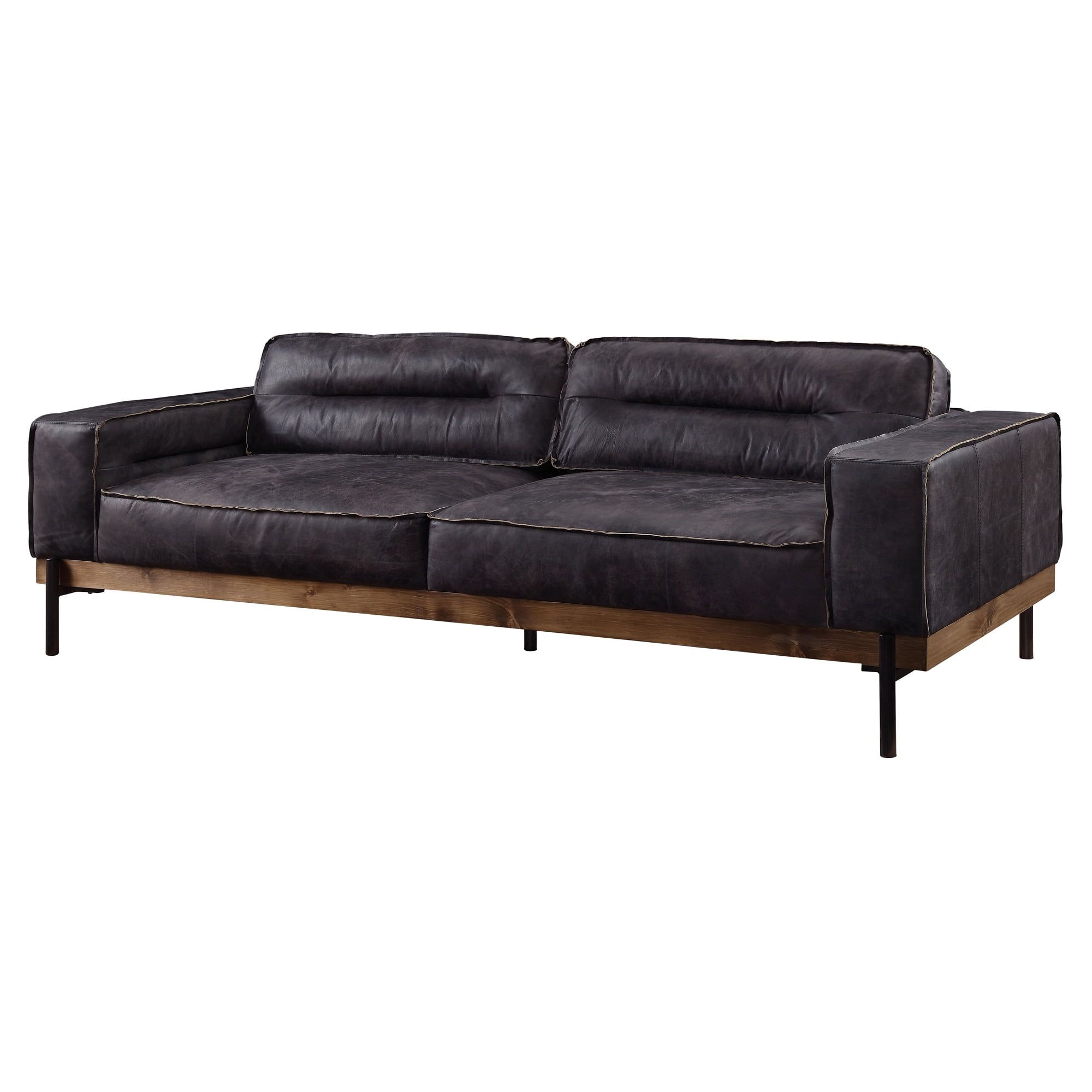 Antique Ebony Leather Sofa with Wooden Trim and Track Arms