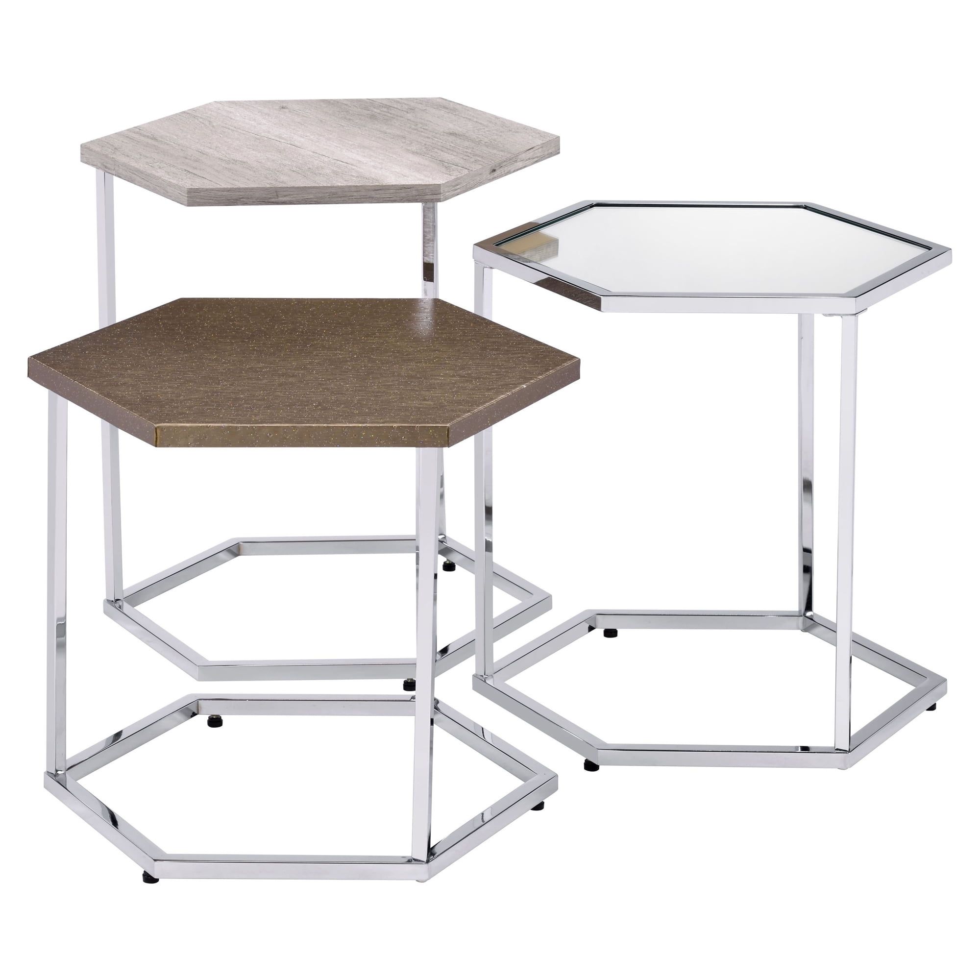 Hexagonal Chrome and Glass Nesting Tables Set