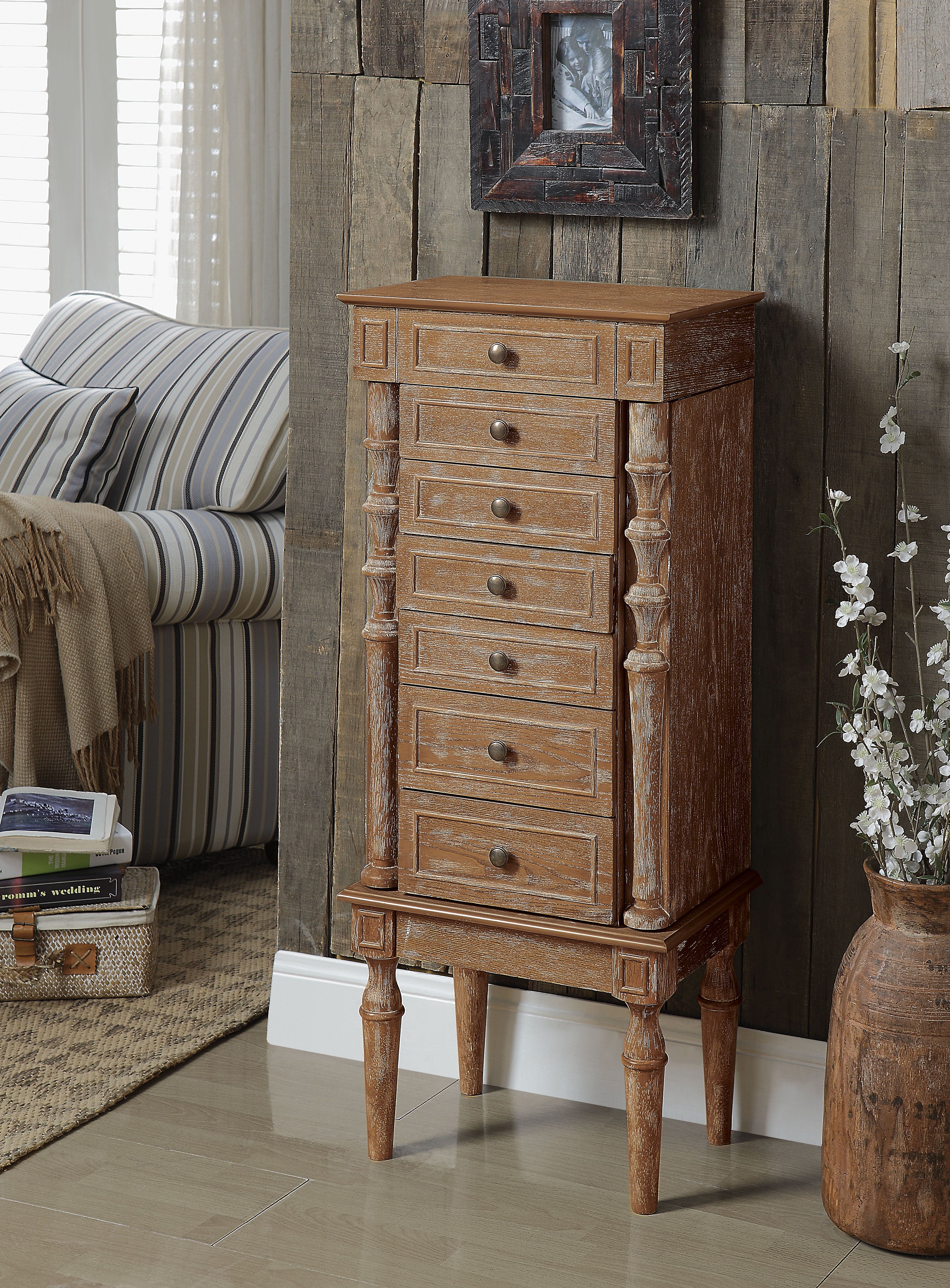 Weathered Oak Vintage Jewelry Armoire with Mirror