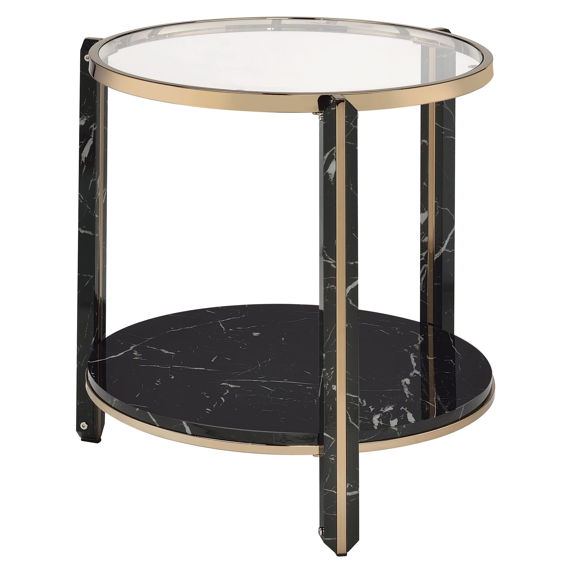 Round Glass and Faux Black Marble End Table with Champagne Trim