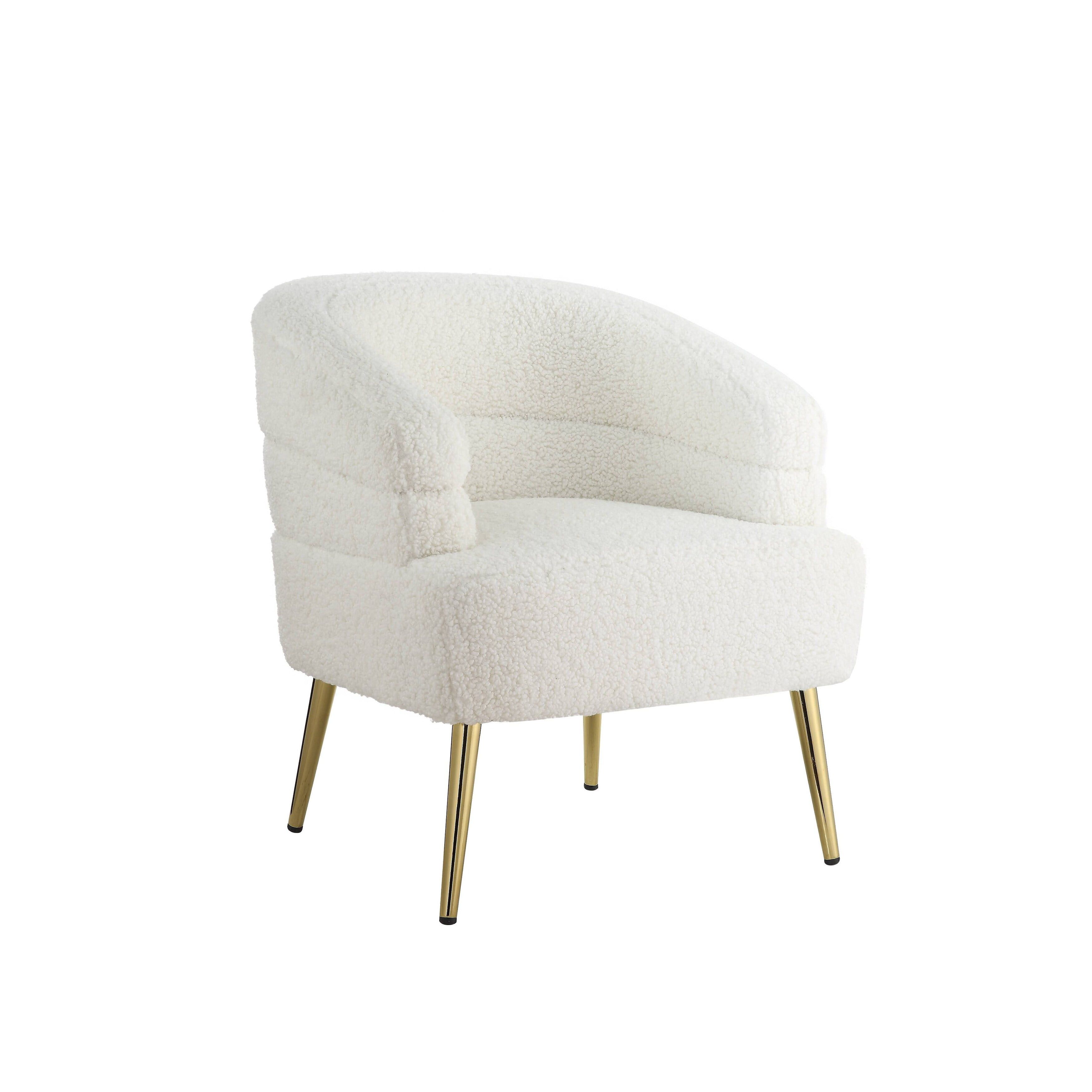 White Faux Sherpa Barrel Accent Chair with Metal Legs