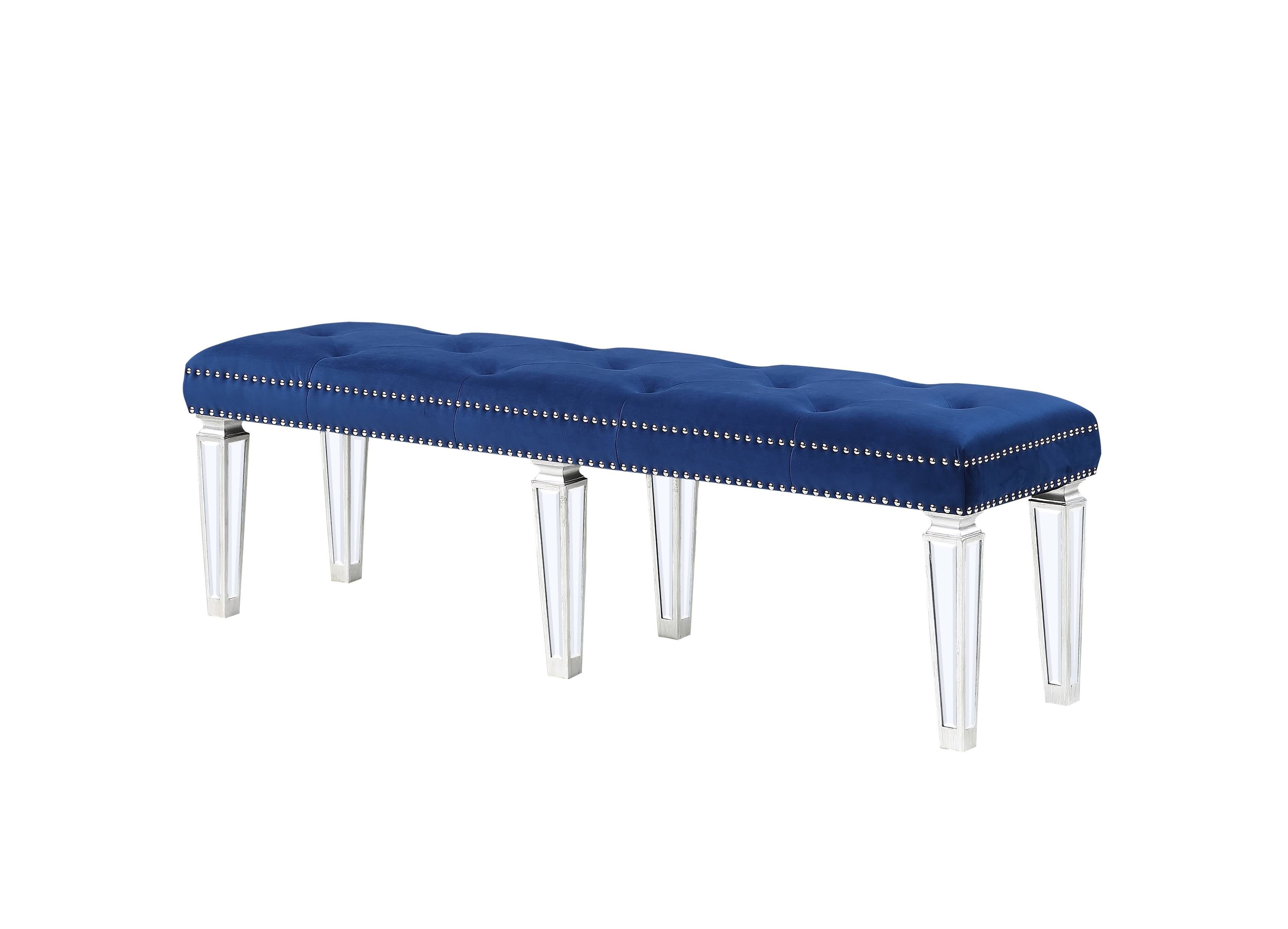 Varian Blue Velvet Tufted Upholstered Bench with Mirrored Legs