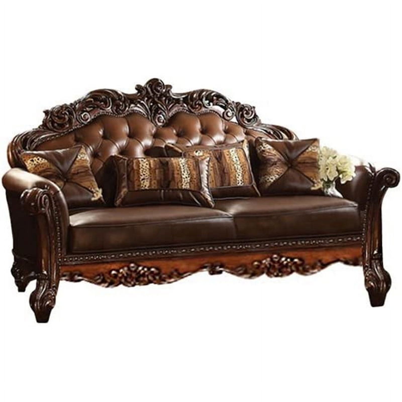 Versailles Cherry Faux Leather Tufted Sofa with Pillows