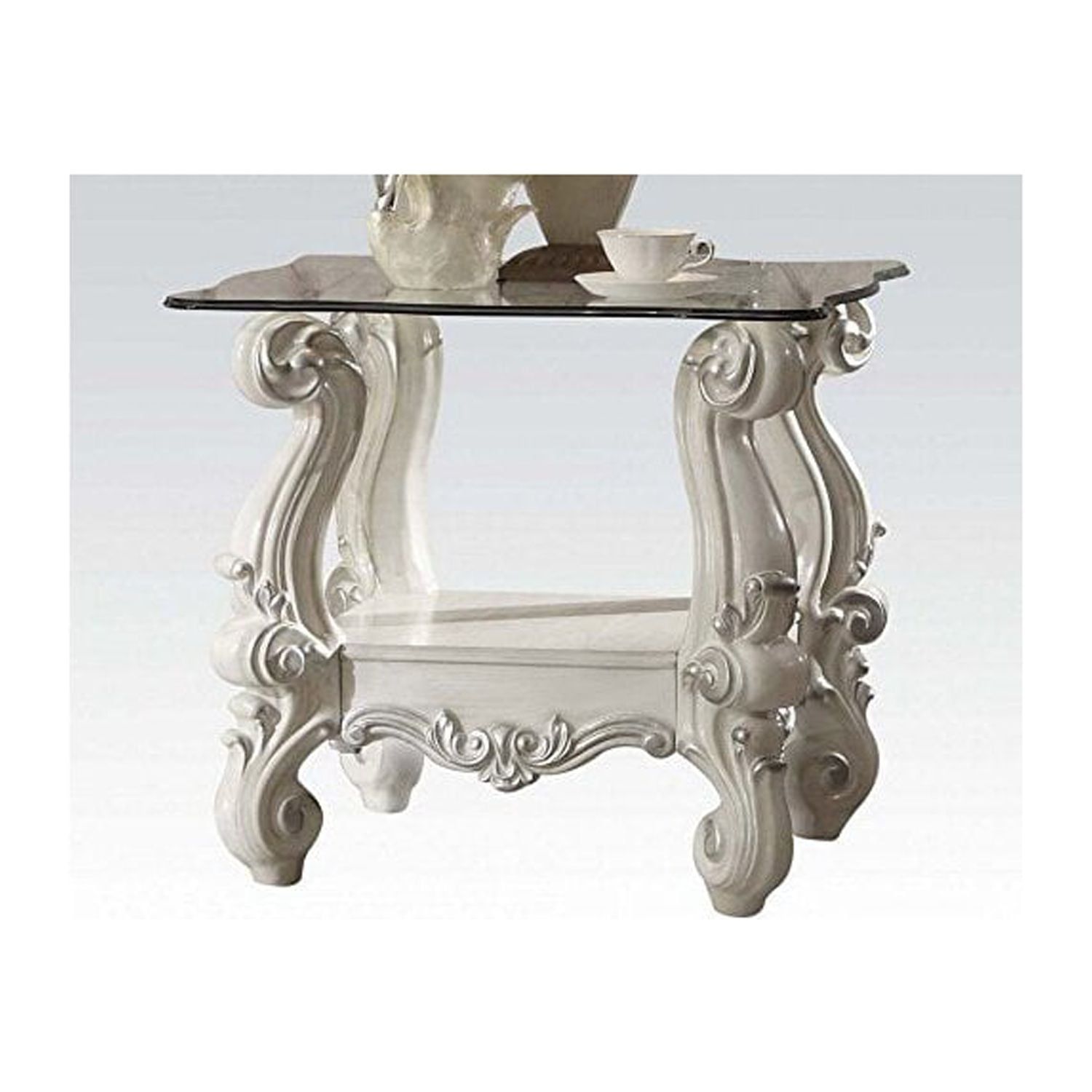 Versailles White Wood and Glass End Table with Shelf