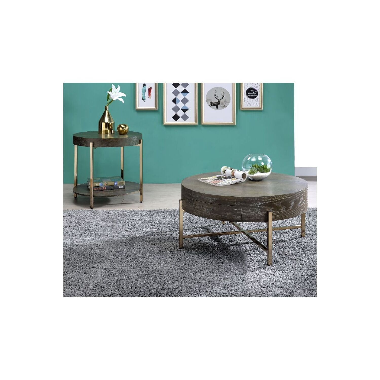 Weyton 25'' Round Dark Oak & Champagne Metal End Table with Storage