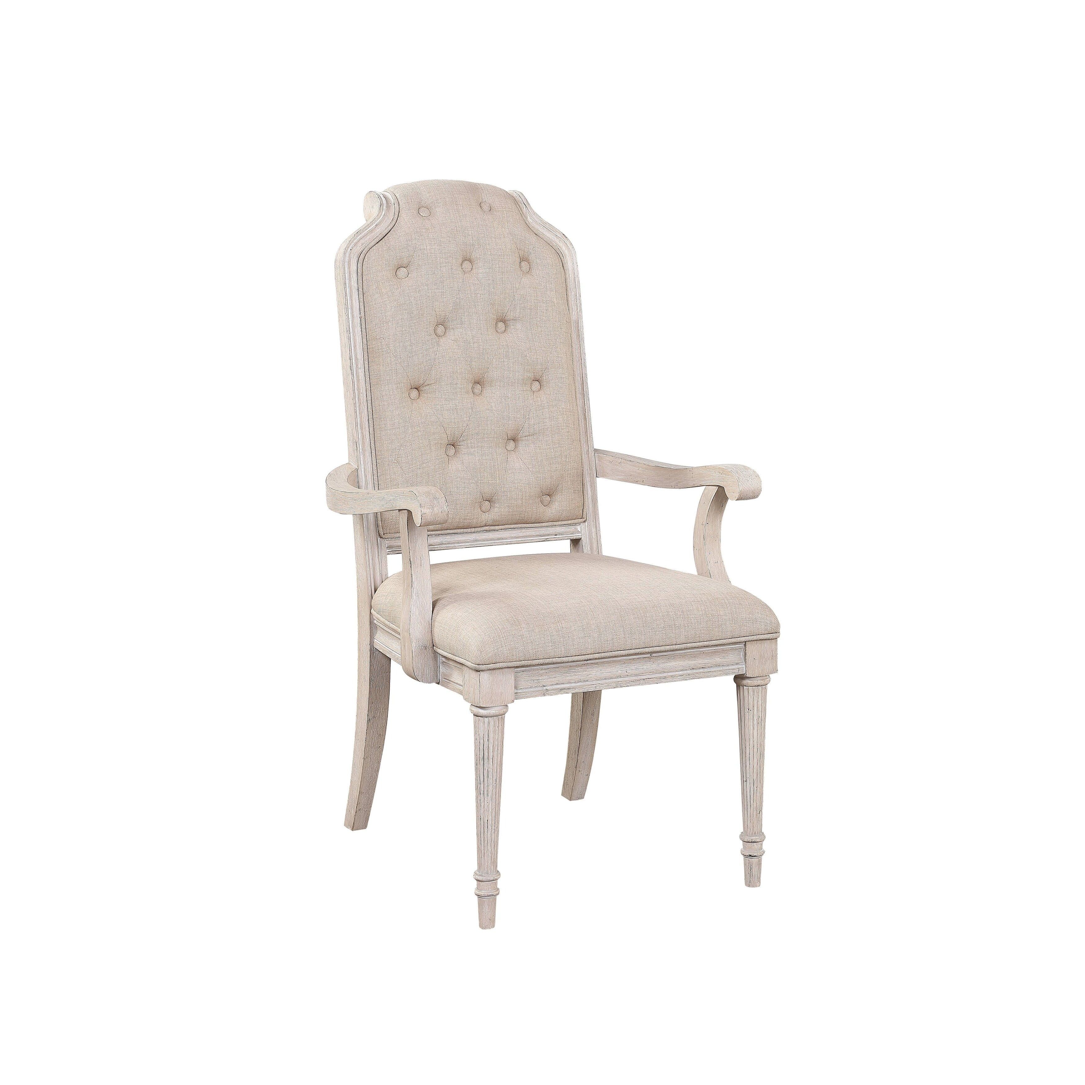 High-Back Beige Fabric Upholstered Arm Chair with Wooden Accents