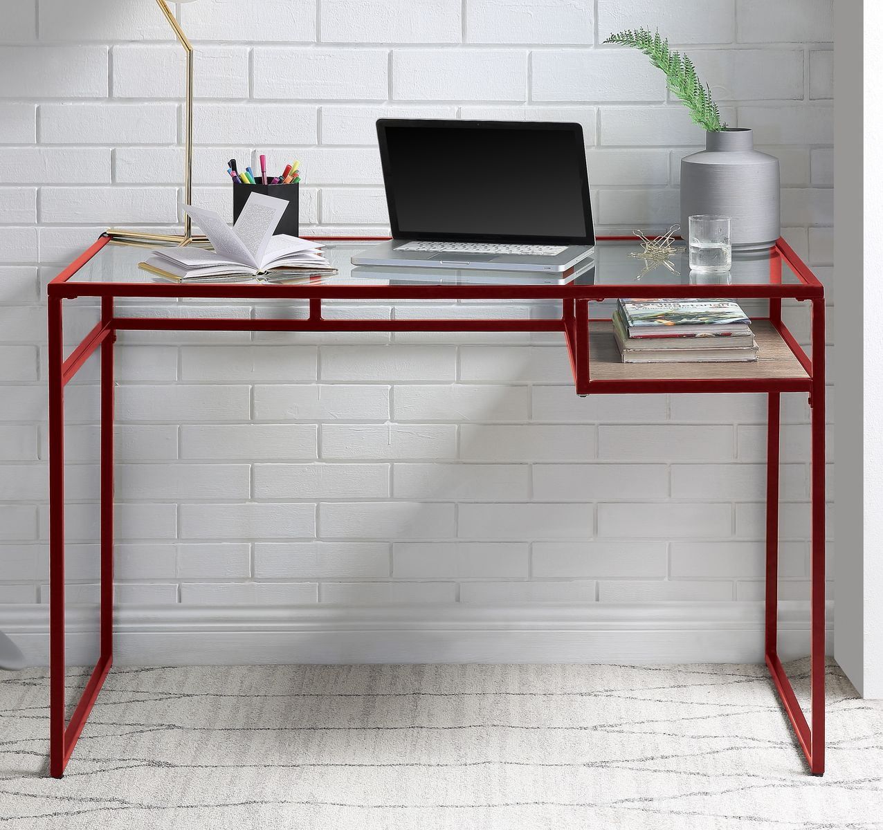 Red and Glass Industrial Writing Desk with Wooden Shelf