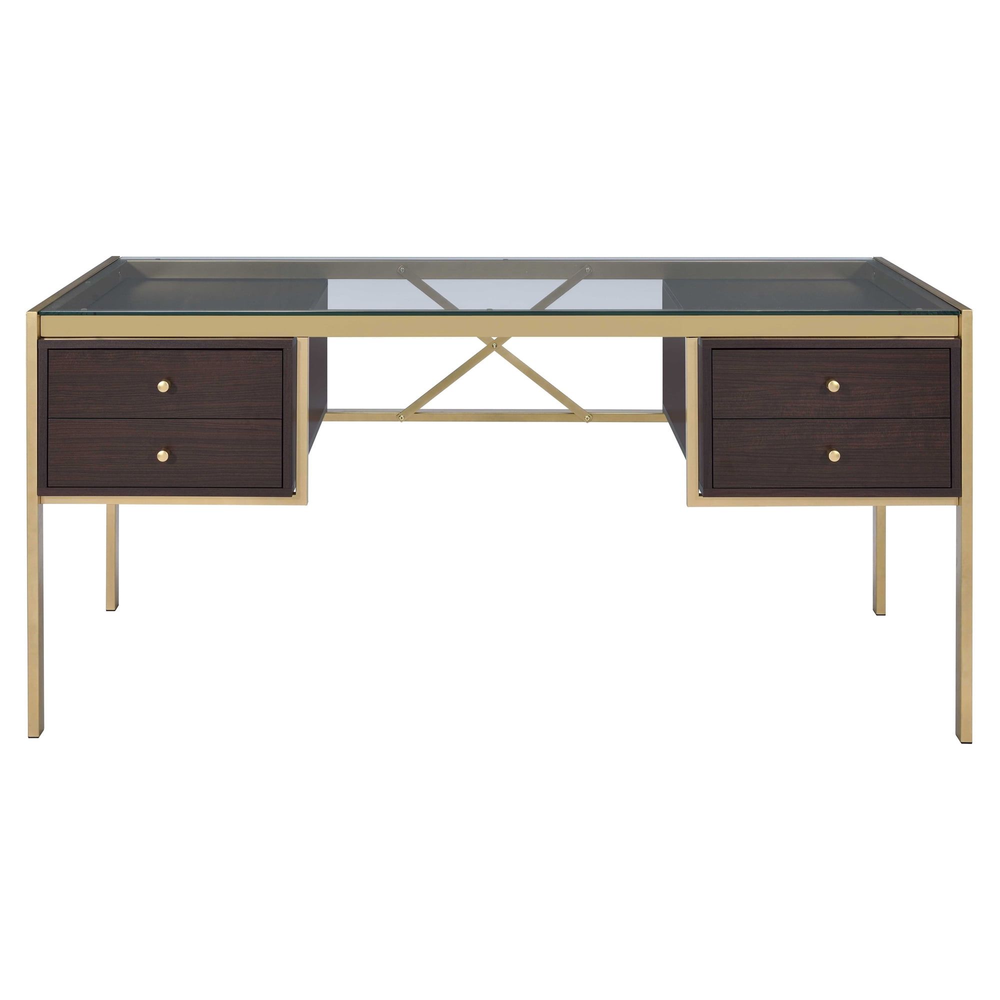 Gold and Espresso Glass Executive Desk with Drawers