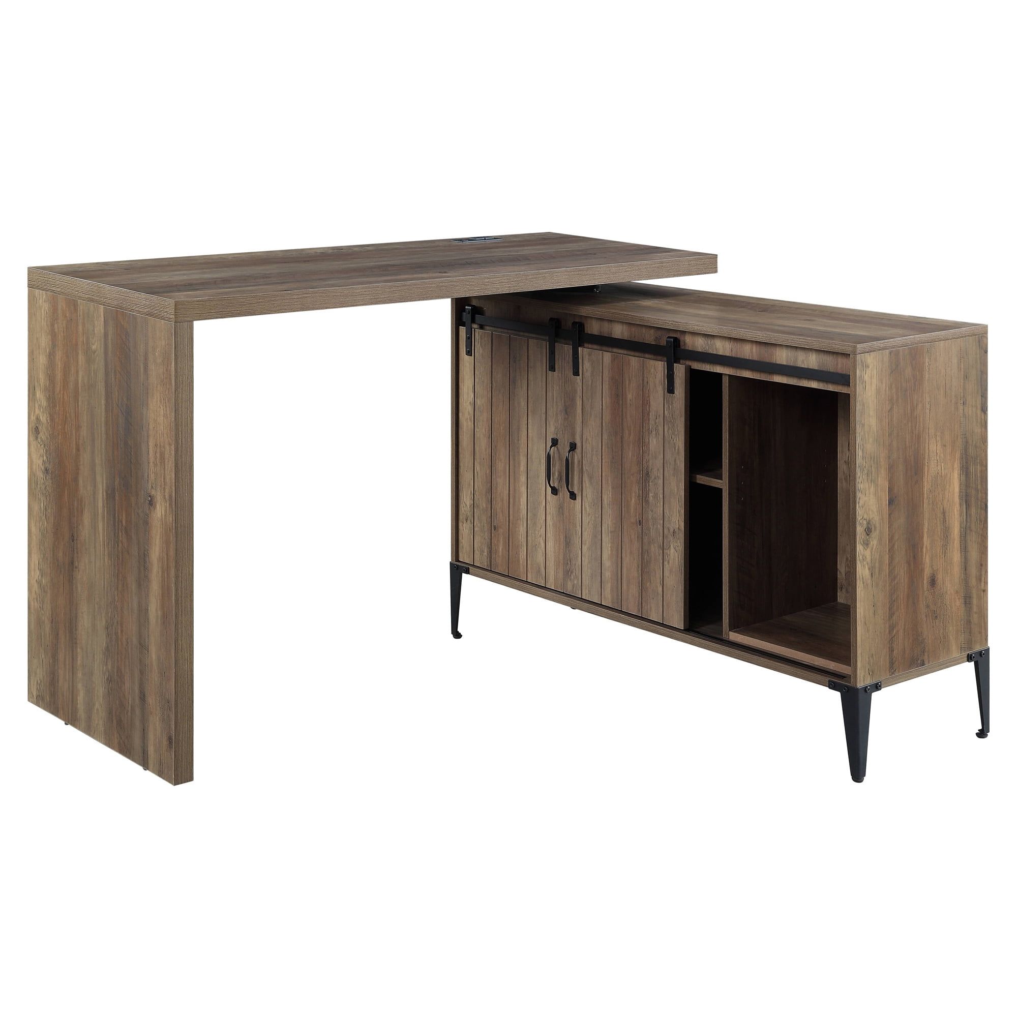 Rustic Oak and Black L-Shaped Writing Desk with USB Port