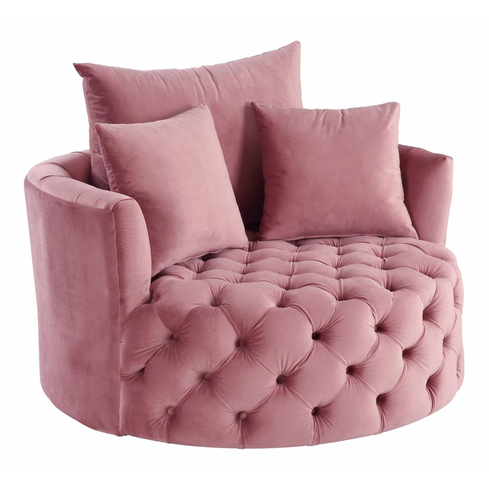 Pink Velvet Barrel Swivel Accent Chair with Pillows