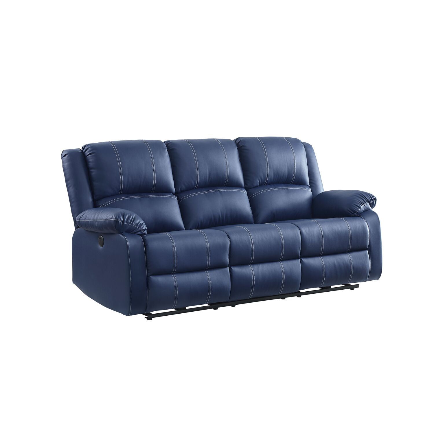 Blue Faux Leather Reclining Sofa with Pillow-Top Arms