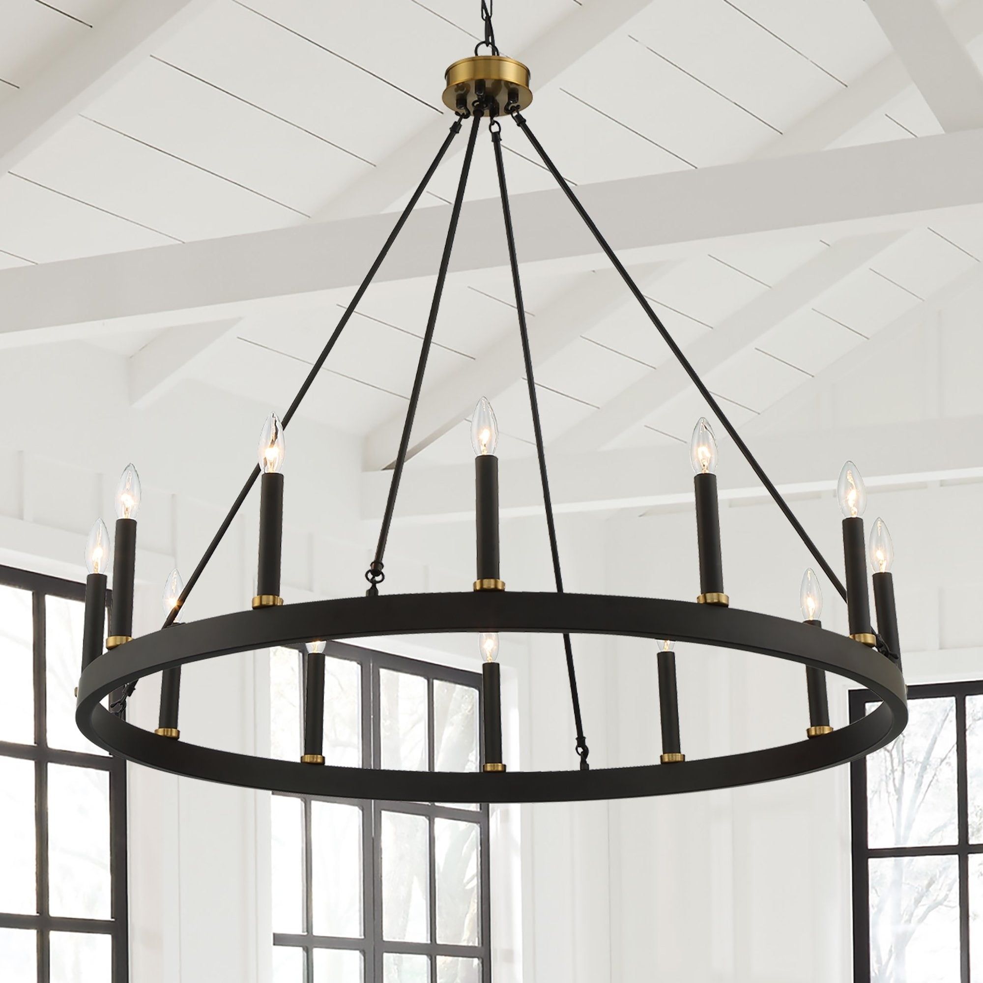 Elegant Farmhouse 40'' Wagon Wheel Chandelier in Black and Brass