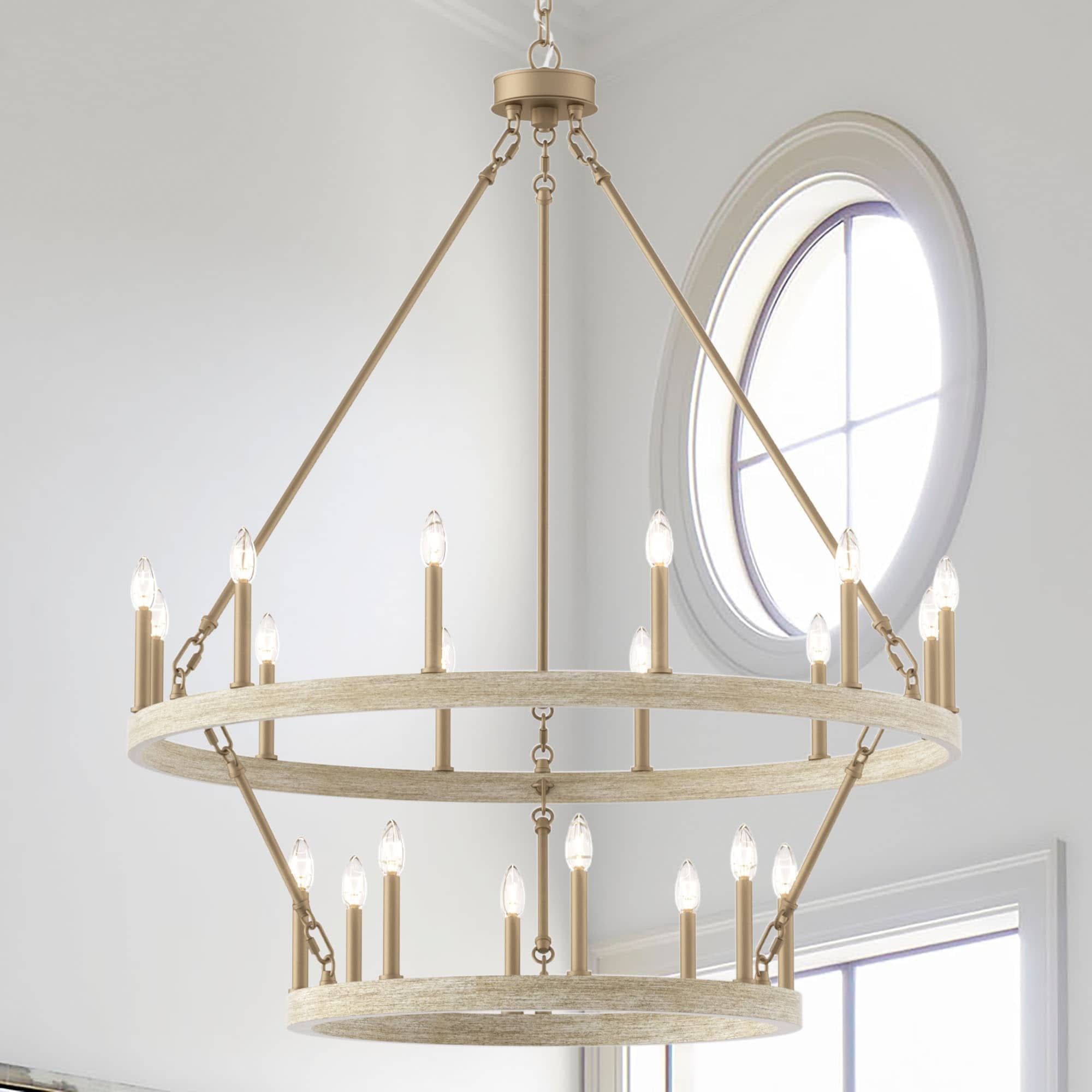 French Ash 20-Light Brass Candle Wagon Wheel Chandelier