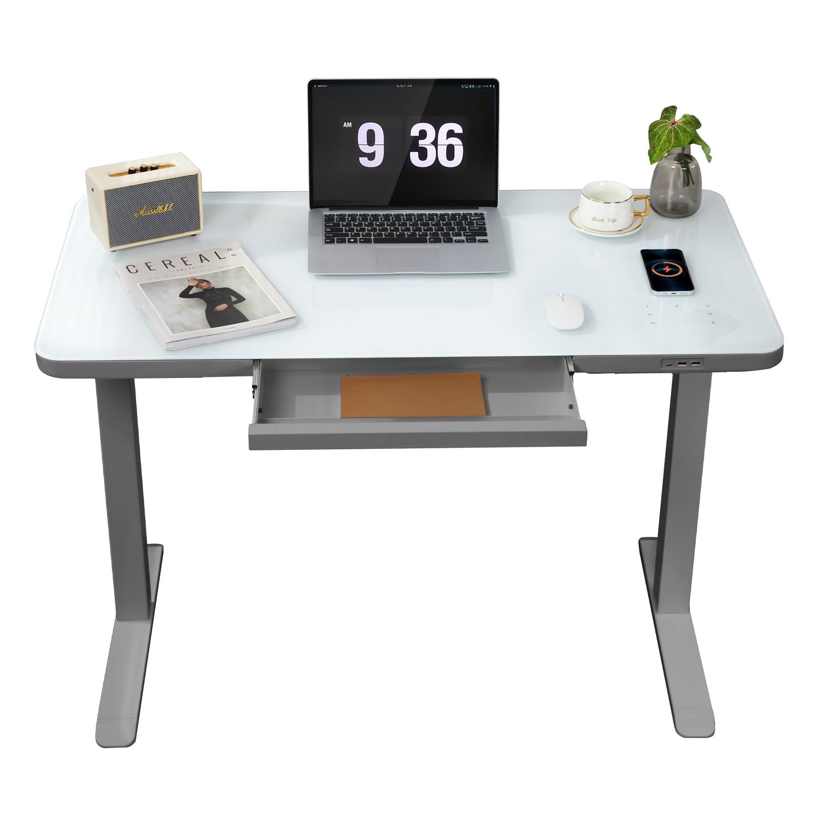 Gray Adjustable Height Standing Desk with Glass Top and Drawer