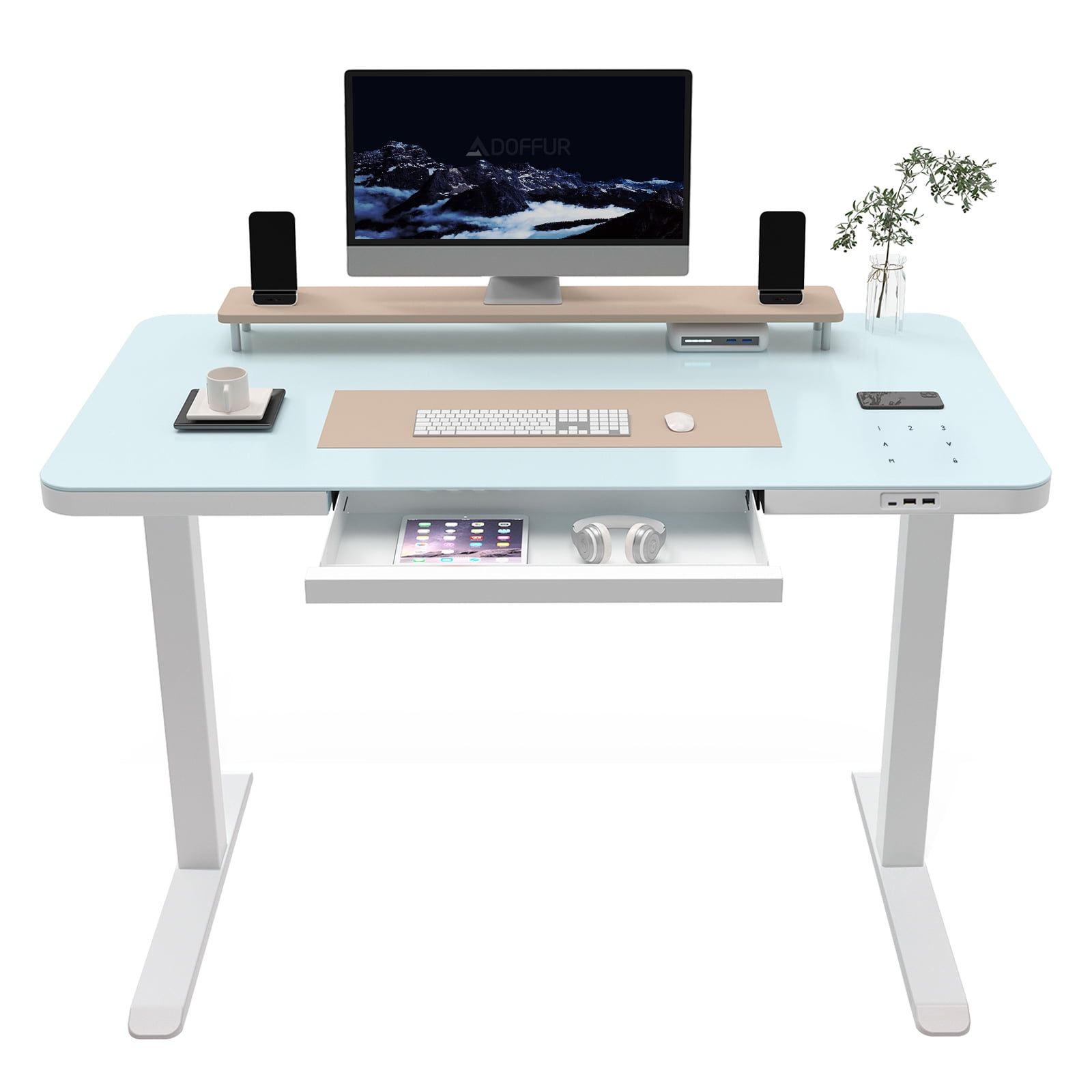 White Adjustable Height Standing Desk with Glass Top and Drawer