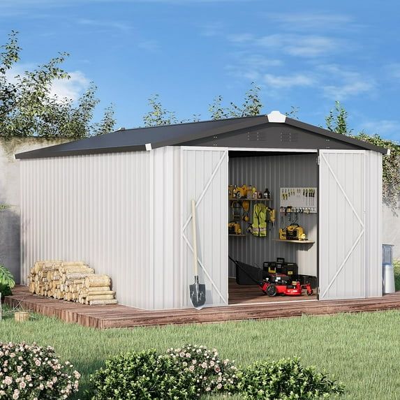 Large White Steel Outdoor Storage Shed with Lockable Doors