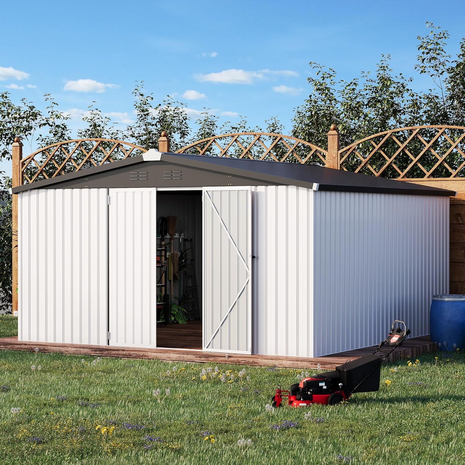12' x 12' White Metal Outdoor Storage Shed with Lockable Doors