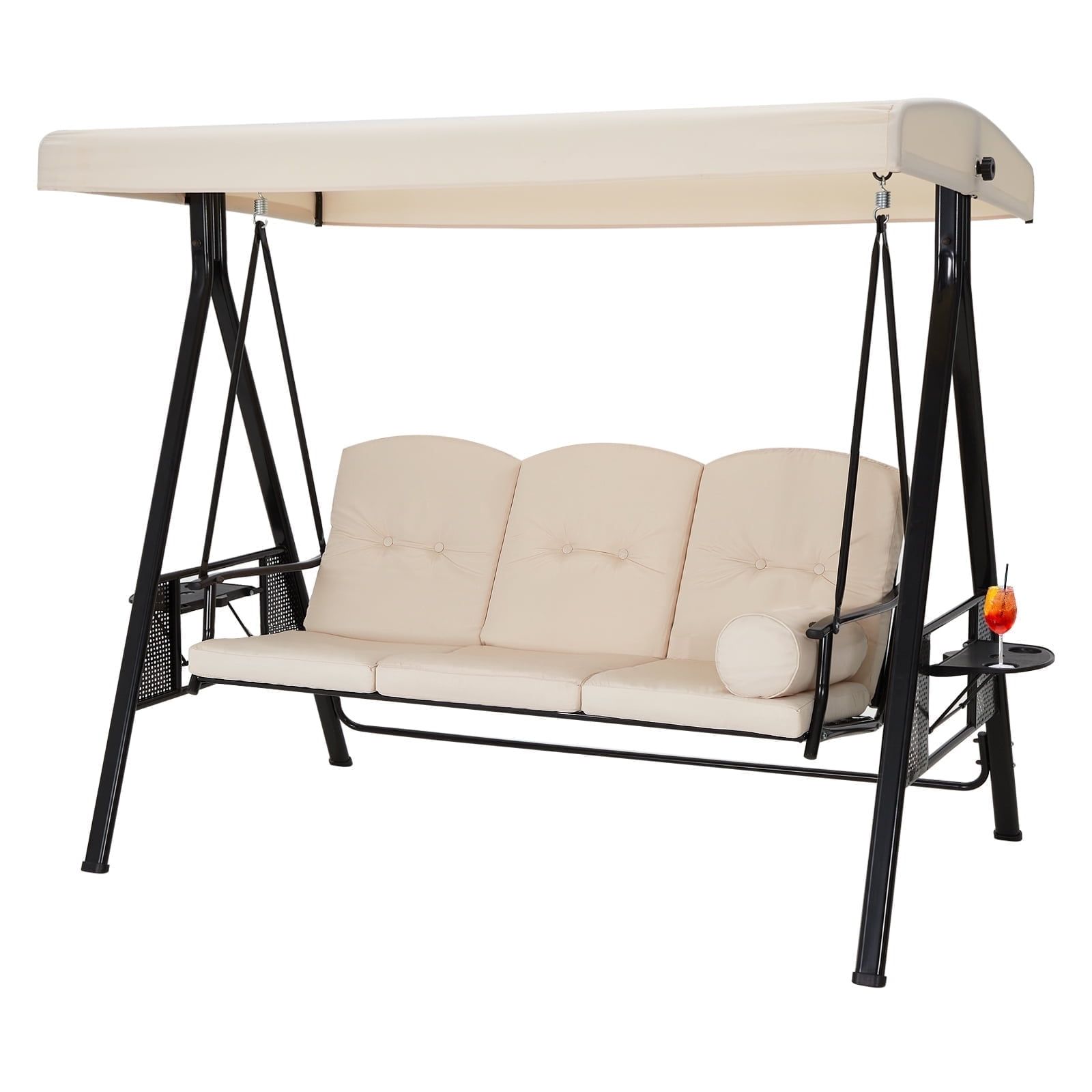 Beige Steel Frame 3-Person Patio Swing with Canopy and Cushions