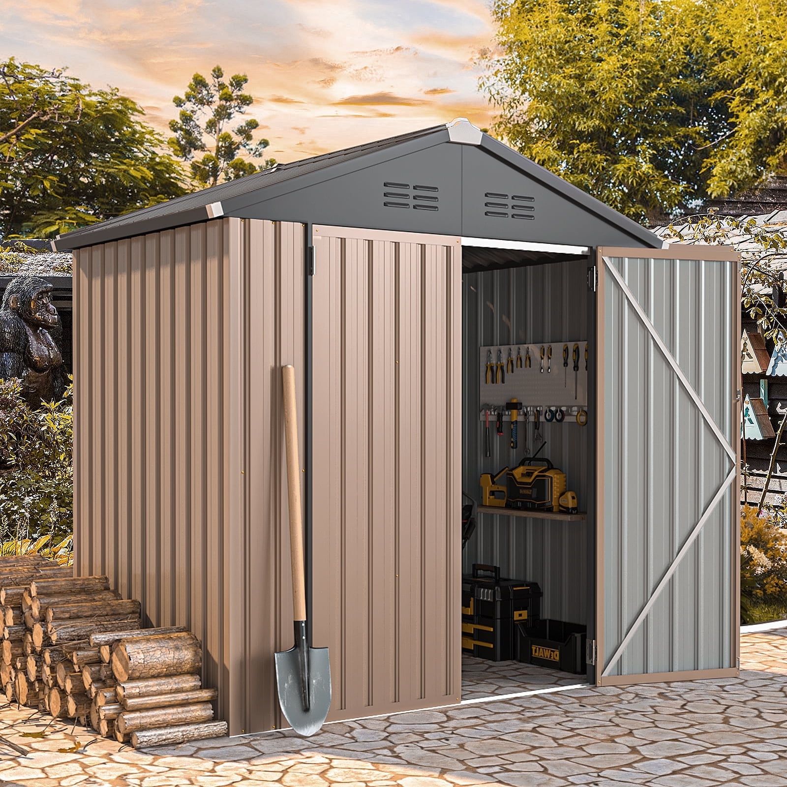 Gray and Brown Metal Outdoor Storage Shed with Lockable Door