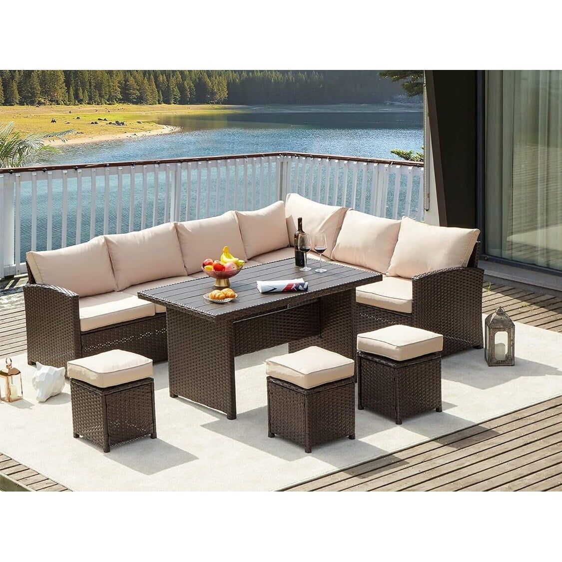 Beige 7-Piece Outdoor Wicker Rattan Sectional Sofa Set