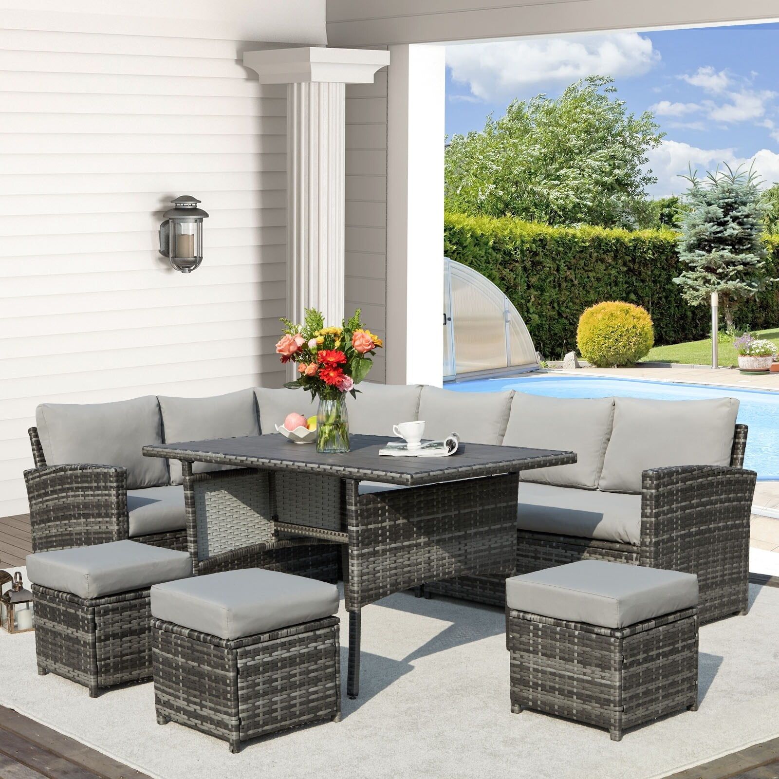 Light Grey 7-Piece Outdoor Wicker Rattan Sectional Sofa Set