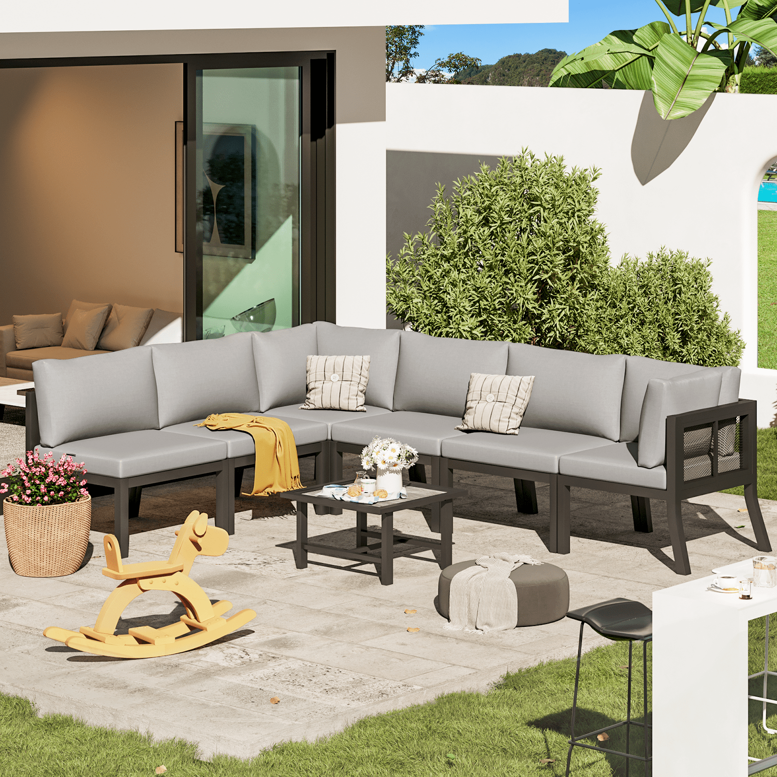 Gray 7-Piece Iron Patio Sectional Furniture Set with Cushions