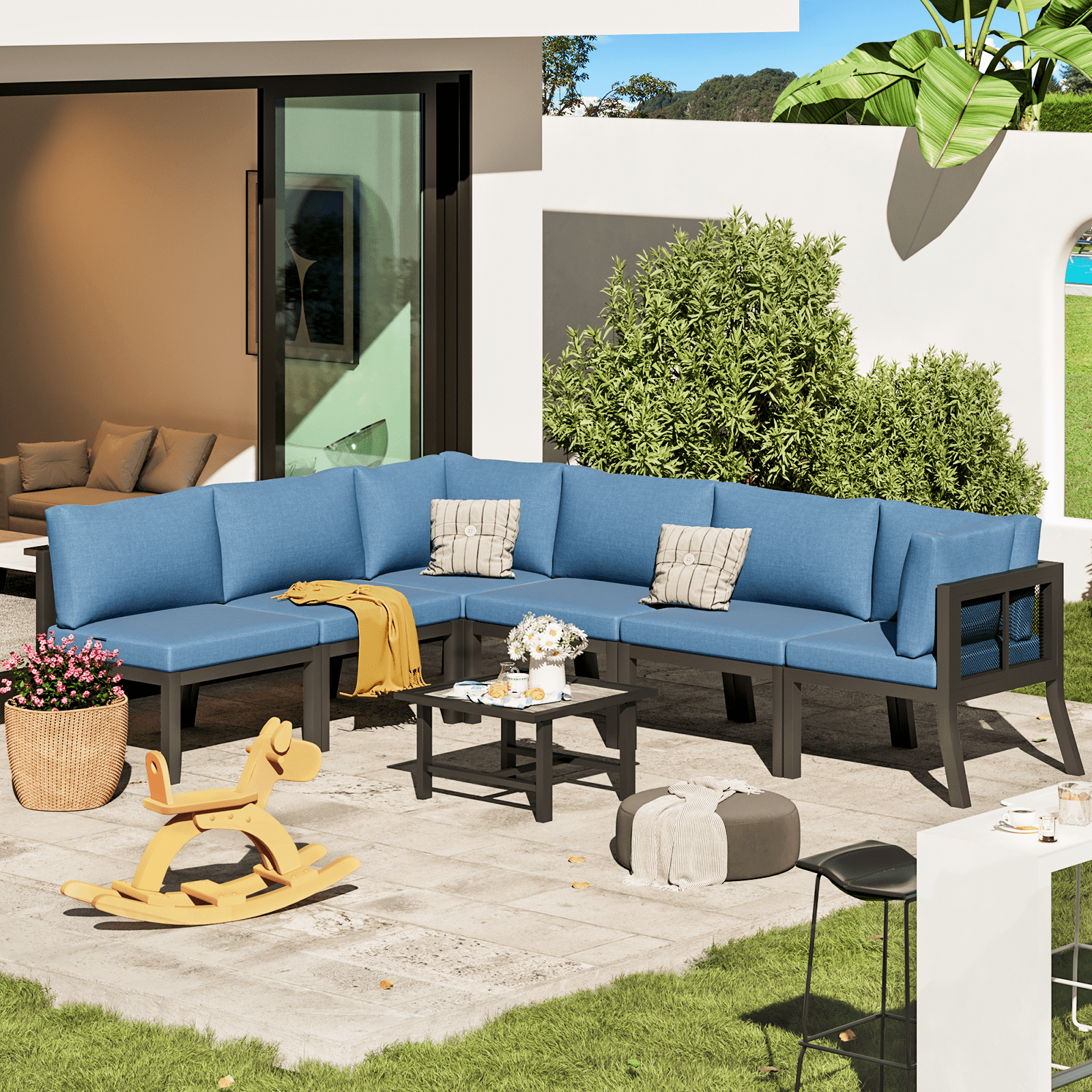 7-Piece Blue Cushioned Iron Patio Sectional Set