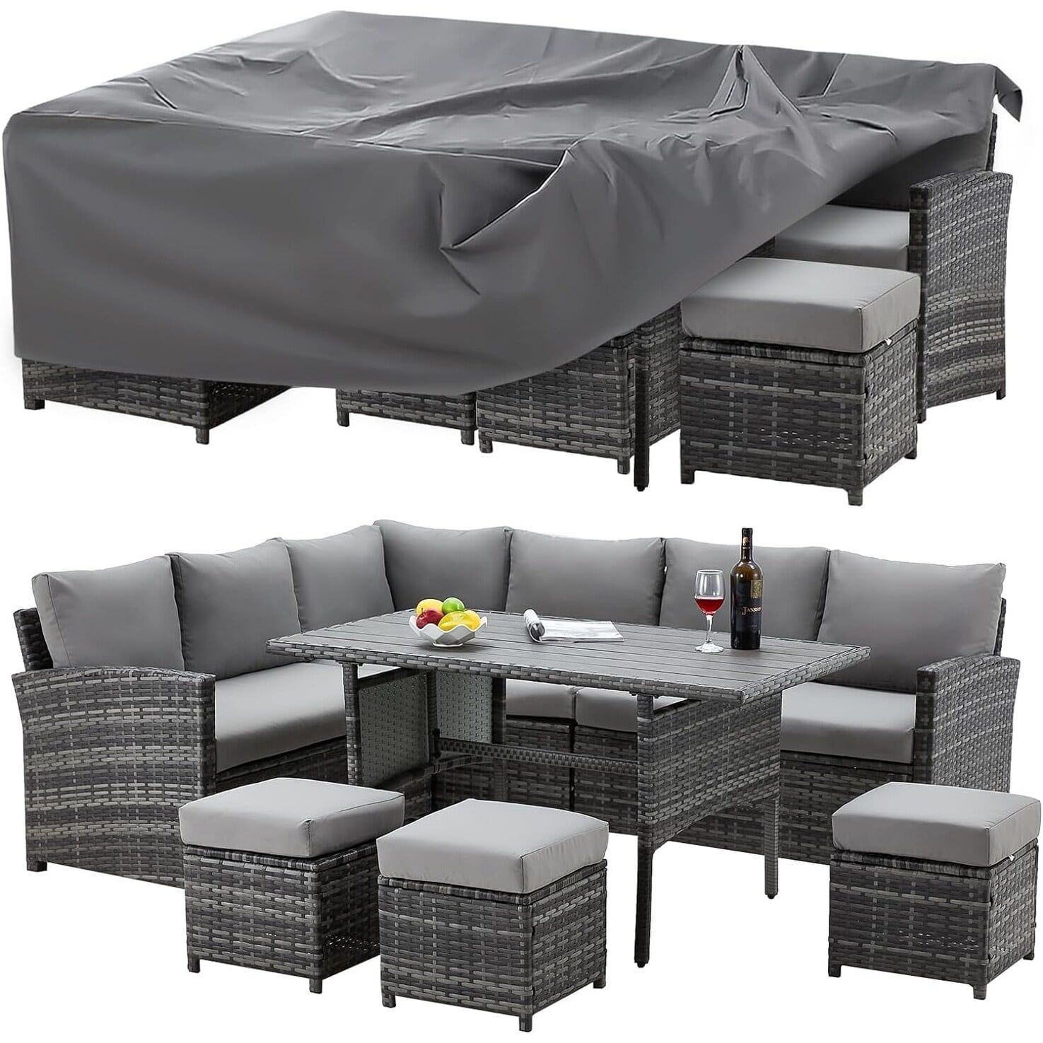 Grey 7-Piece Outdoor Rattan Sectional Sofa Set with Cover