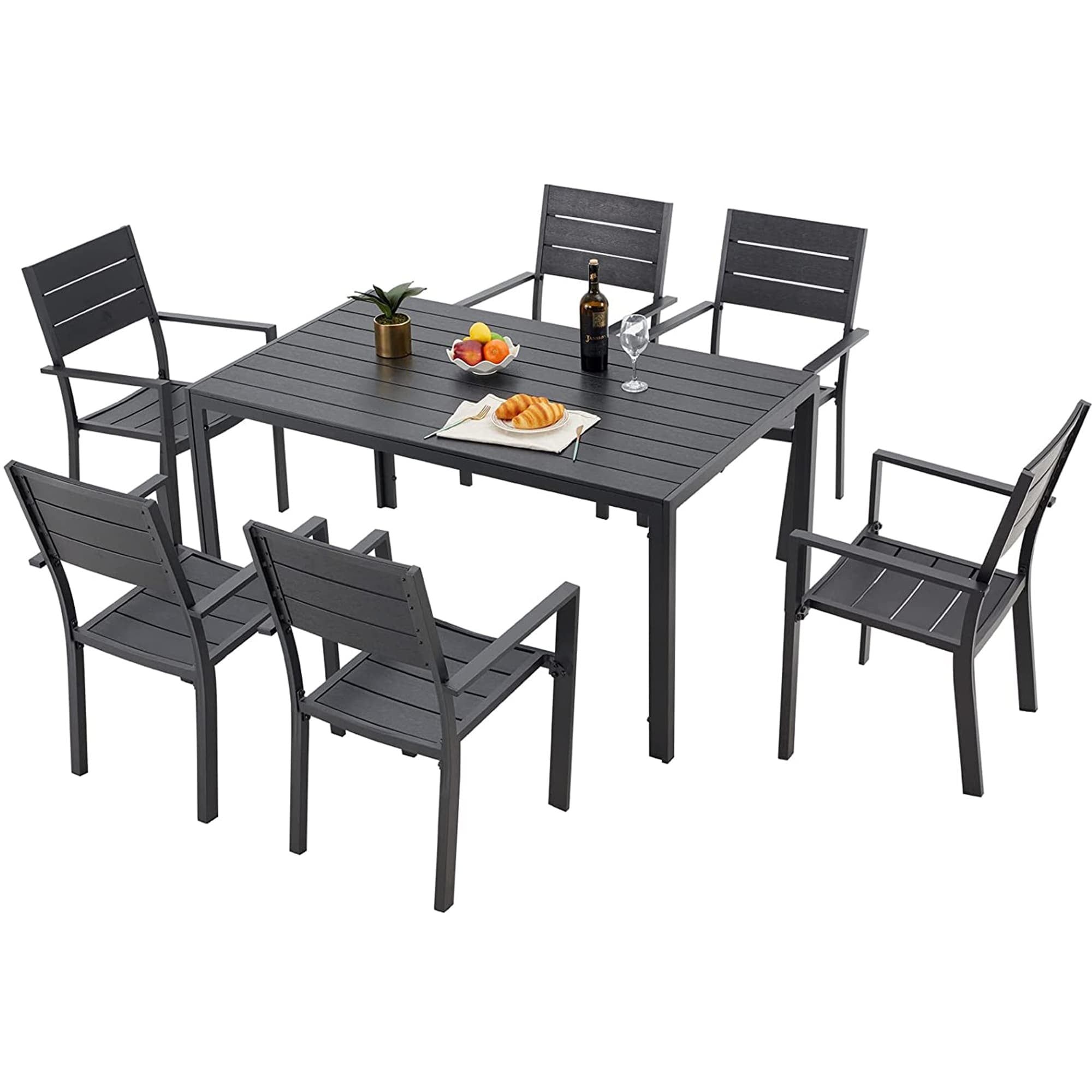 AECOJOY Black Aluminum 7 Piece Patio Dining Set with Rectangular Table