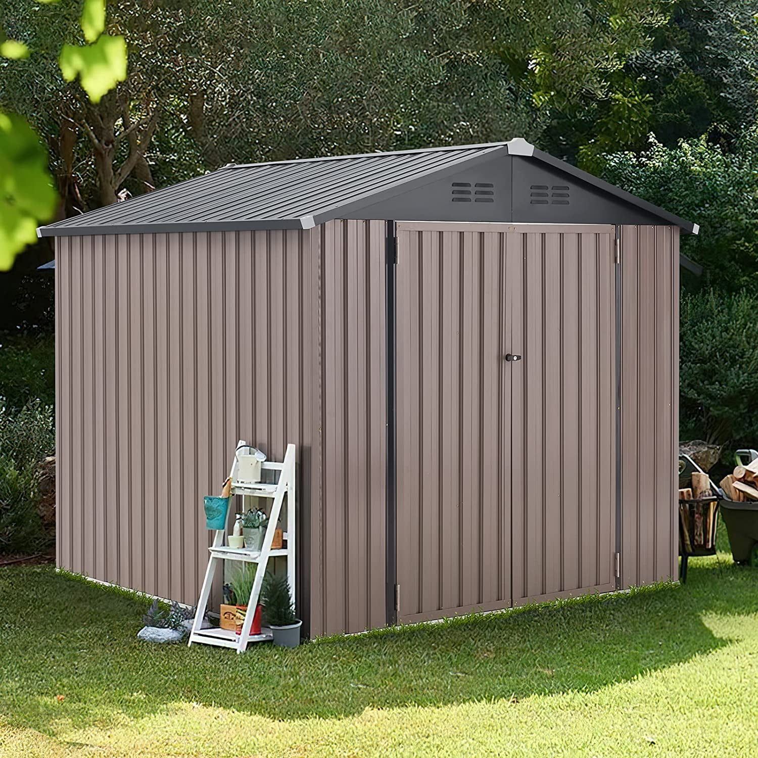 AECOJOY 7' x 7' Brown and Gray Metal Storage Shed