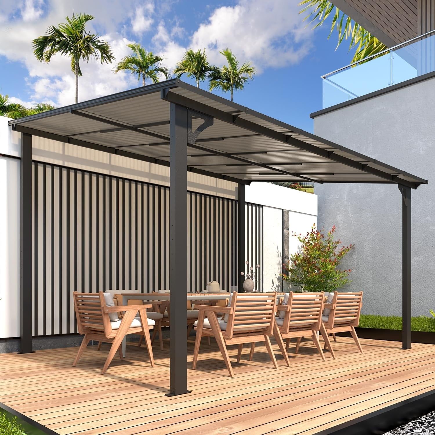 Gray Aluminum Wall Mounted Pergola with Dark Brown Roof