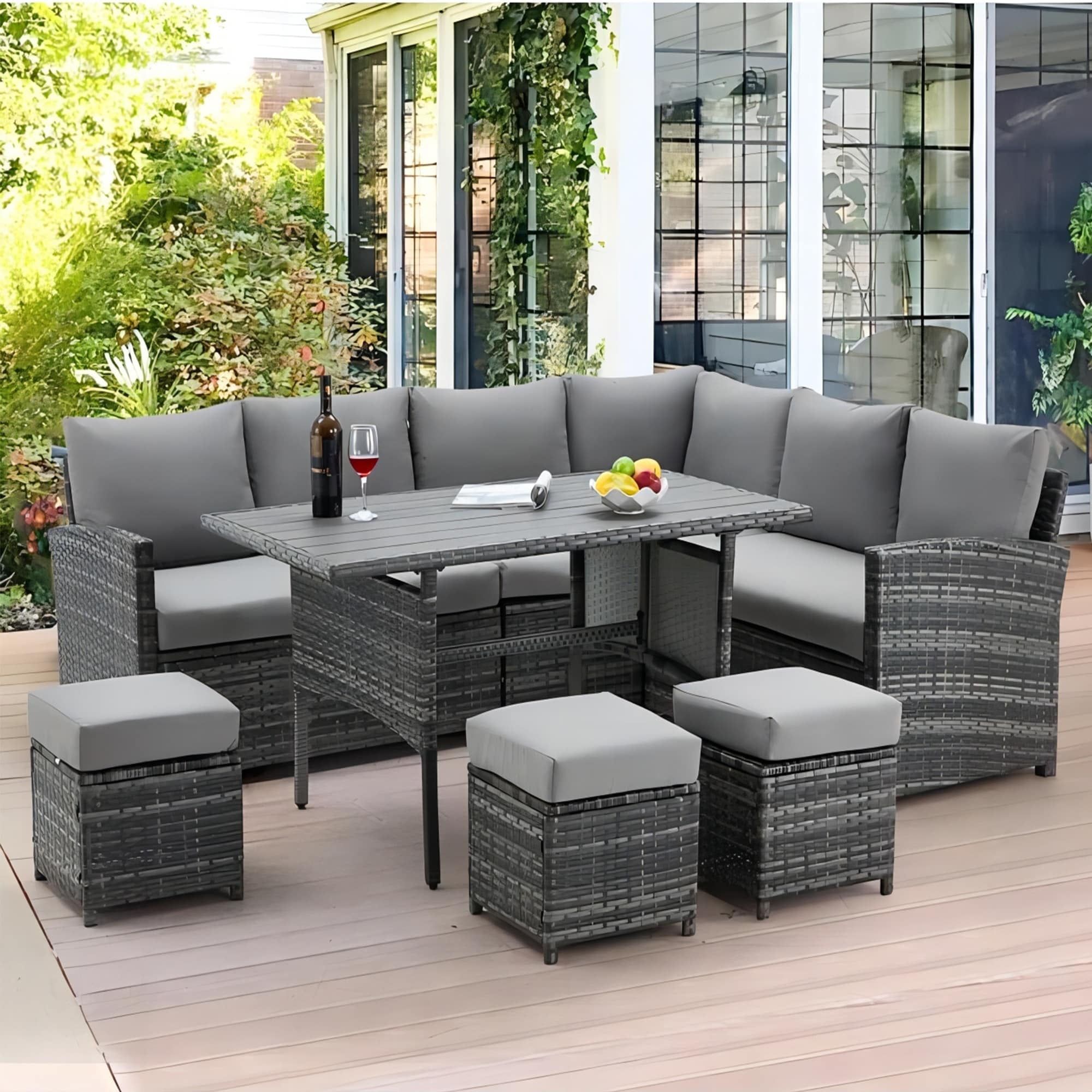 Light Grey 7-Piece Wicker Patio Dining Set with Cushions