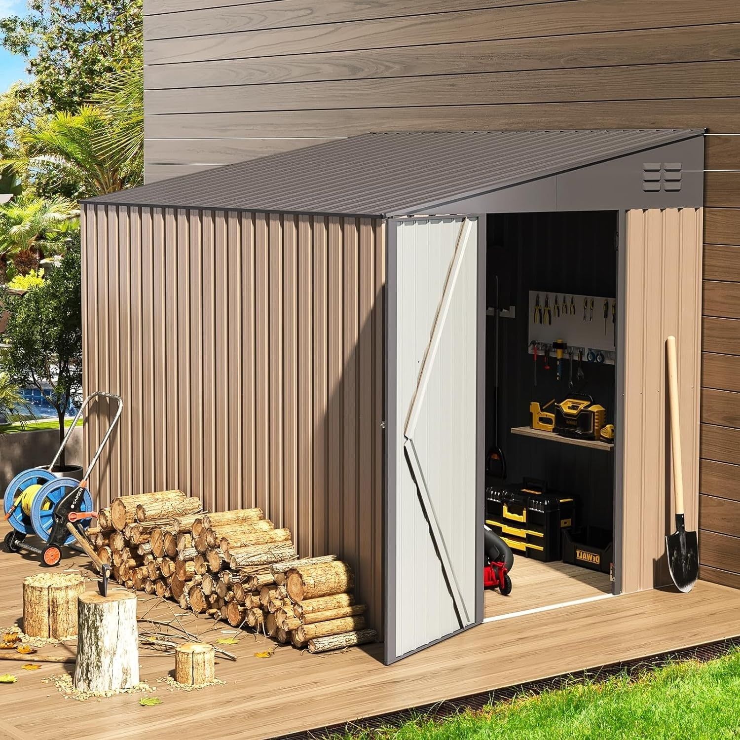 AECOJOY 6' x 8' Gray Metal Outdoor Storage Shed with Lockable Door