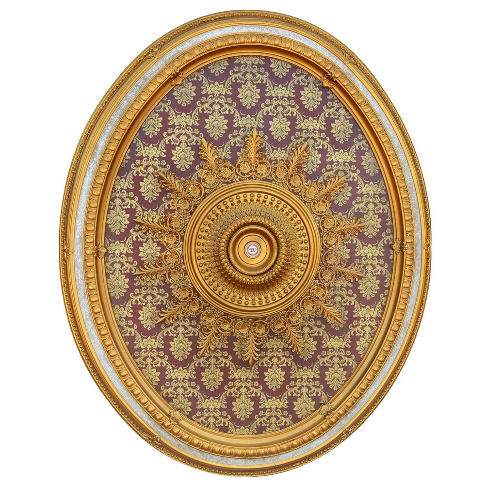 Antique Gold and Burgundy Brocade Oval Ceiling Medallion