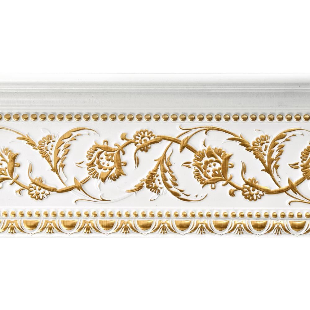 Gold Floral on French White Polystyrene Crown Moulding 94 Inch