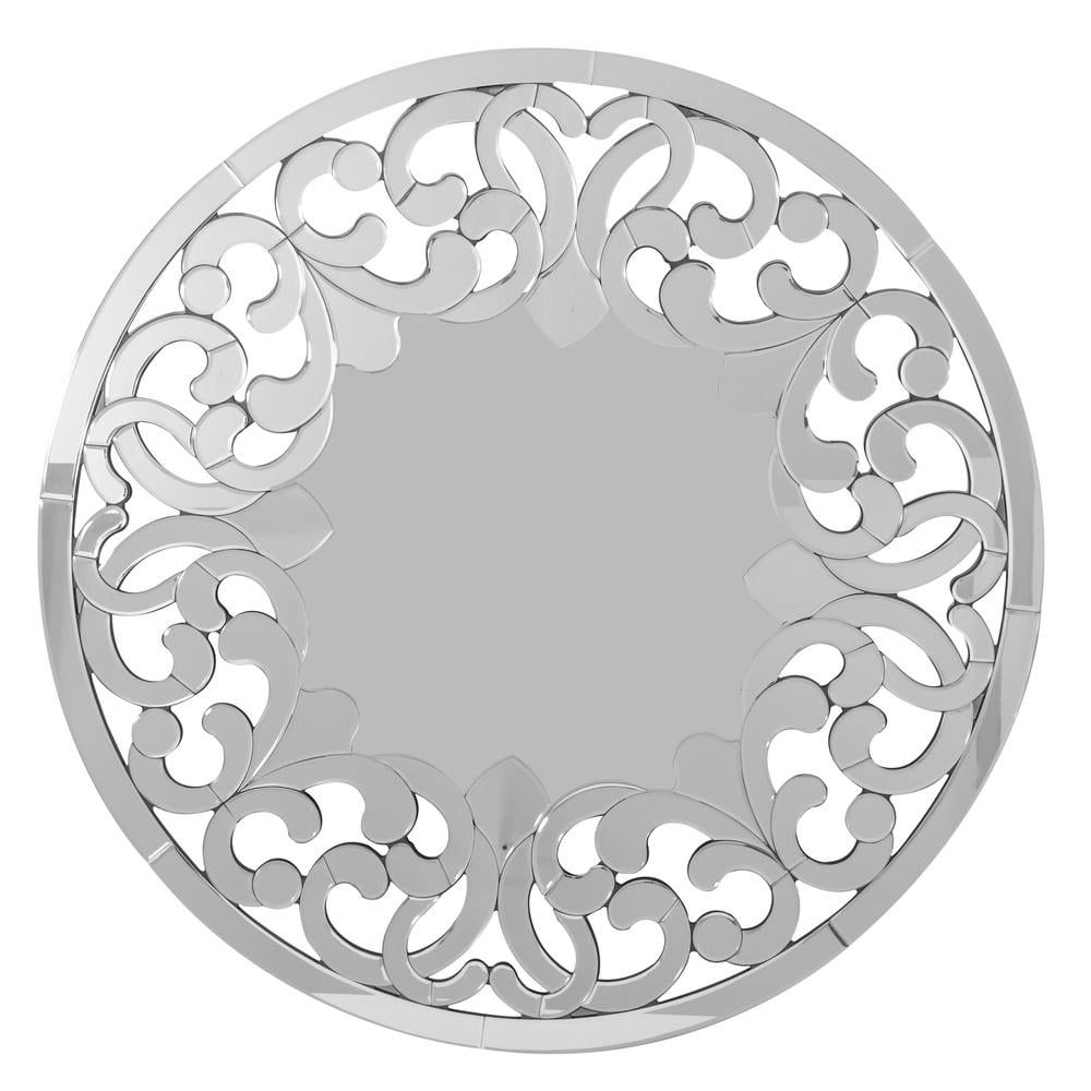 Round Silver Glass Wall Mirror with Intricate Design